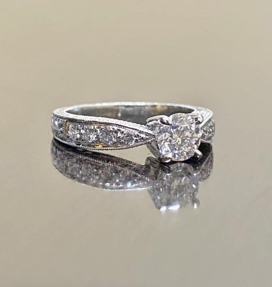 Handgravierter Platin-Verlobungsring mit GIA-zertifiziertem rundem F-Diamant Damen im Angebot