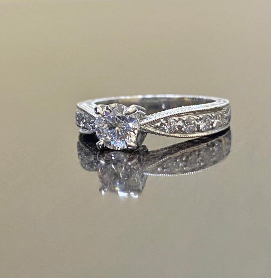 Hand Engraved Platinum GIA Certified Round F Color Diamond Engagement Ring For Sale 4