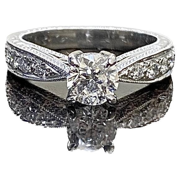 Hand Engraved Platinum GIA Certified Round F Color Diamond Engagement Ring For Sale