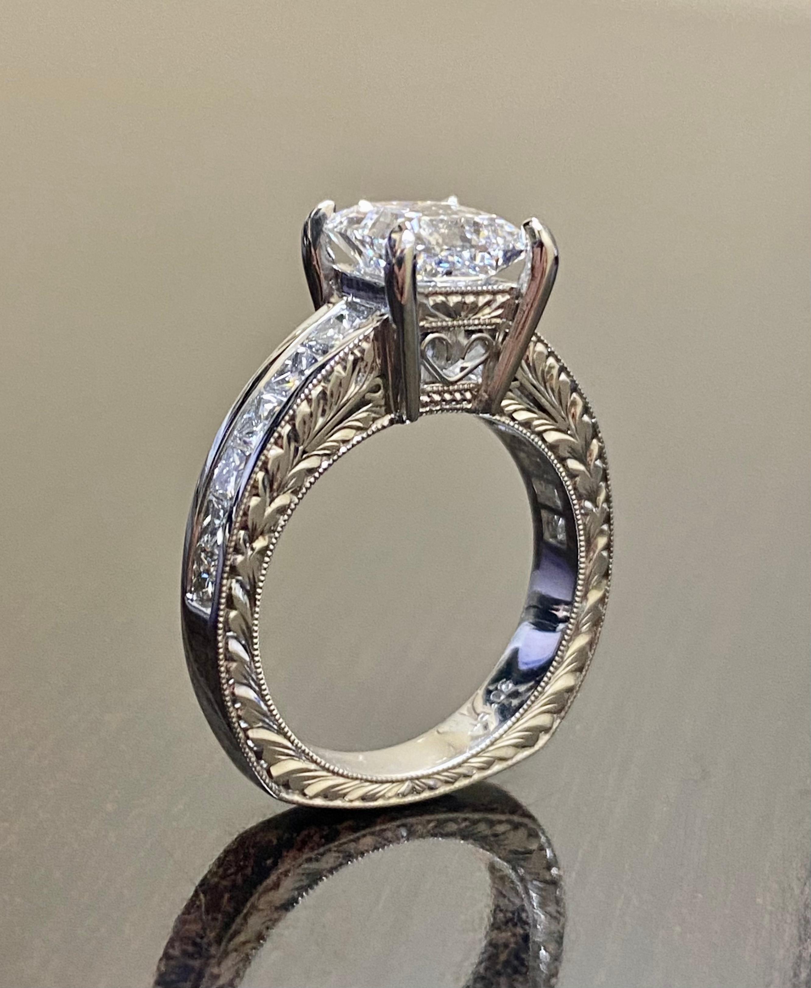 Hand Engraved Platinum GIA E Color 2 Carat Princess Cut Diamond Engagement Ring For Sale 3
