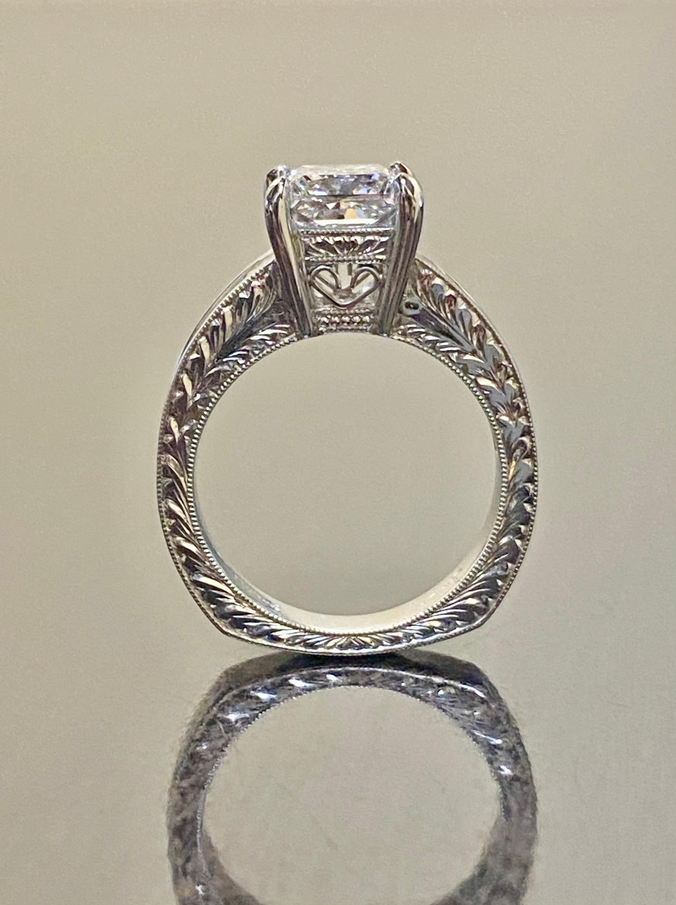 Hand Engraved Platinum GIA E Color 2 Carat Princess Cut Diamond Engagement Ring For Sale 4