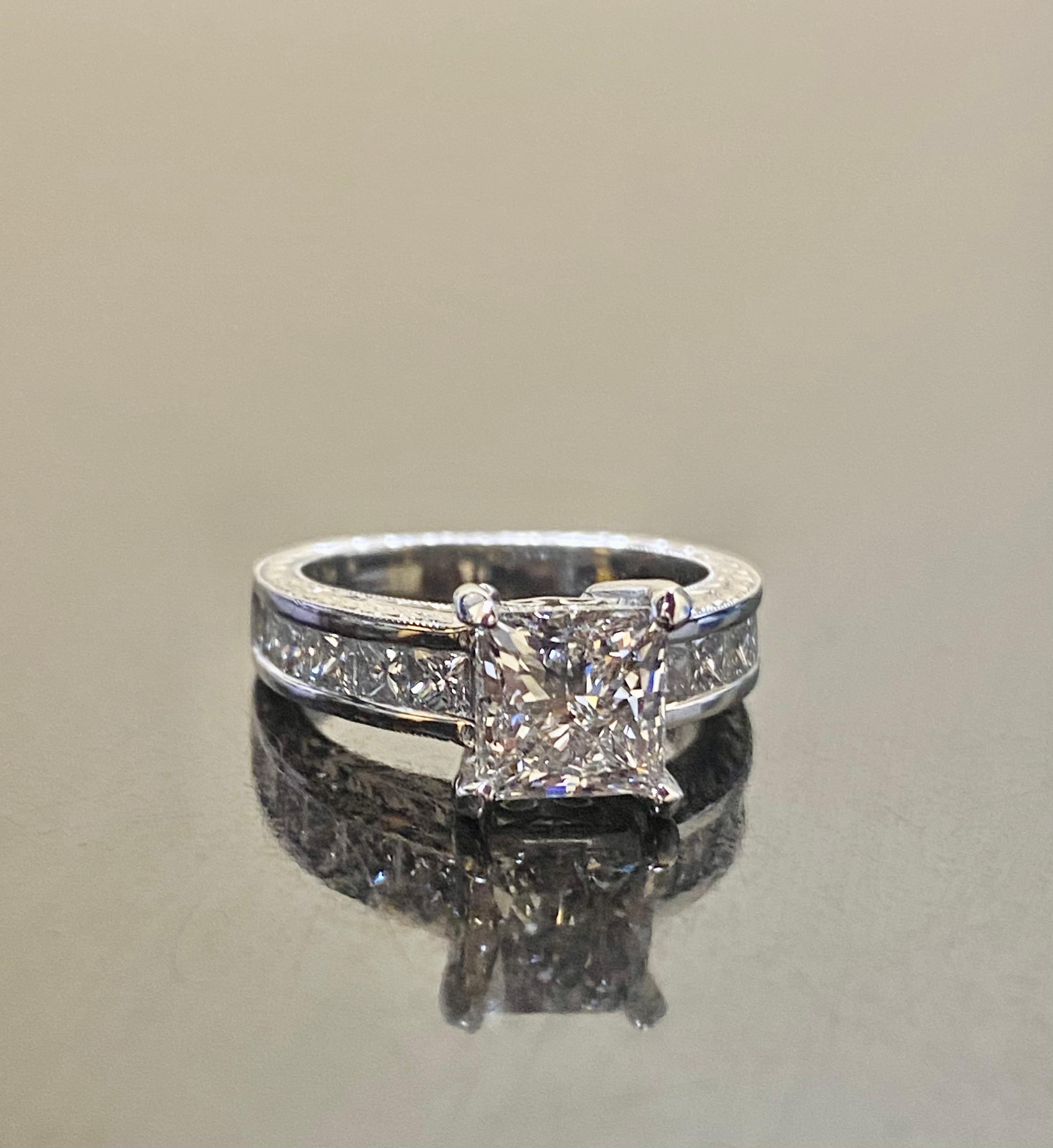 Hand Engraved Platinum GIA E Color 2 Carat Princess Cut Diamond Engagement Ring For Sale 5