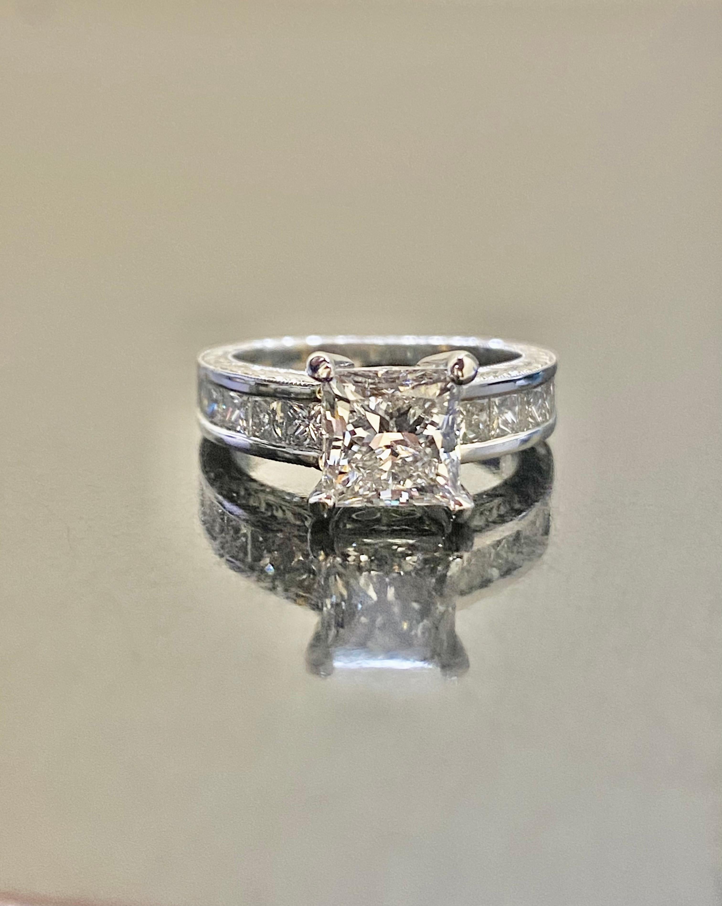 Hand Engraved Platinum GIA E Color 2 Carat Princess Cut Diamond Engagement Ring For Sale 6