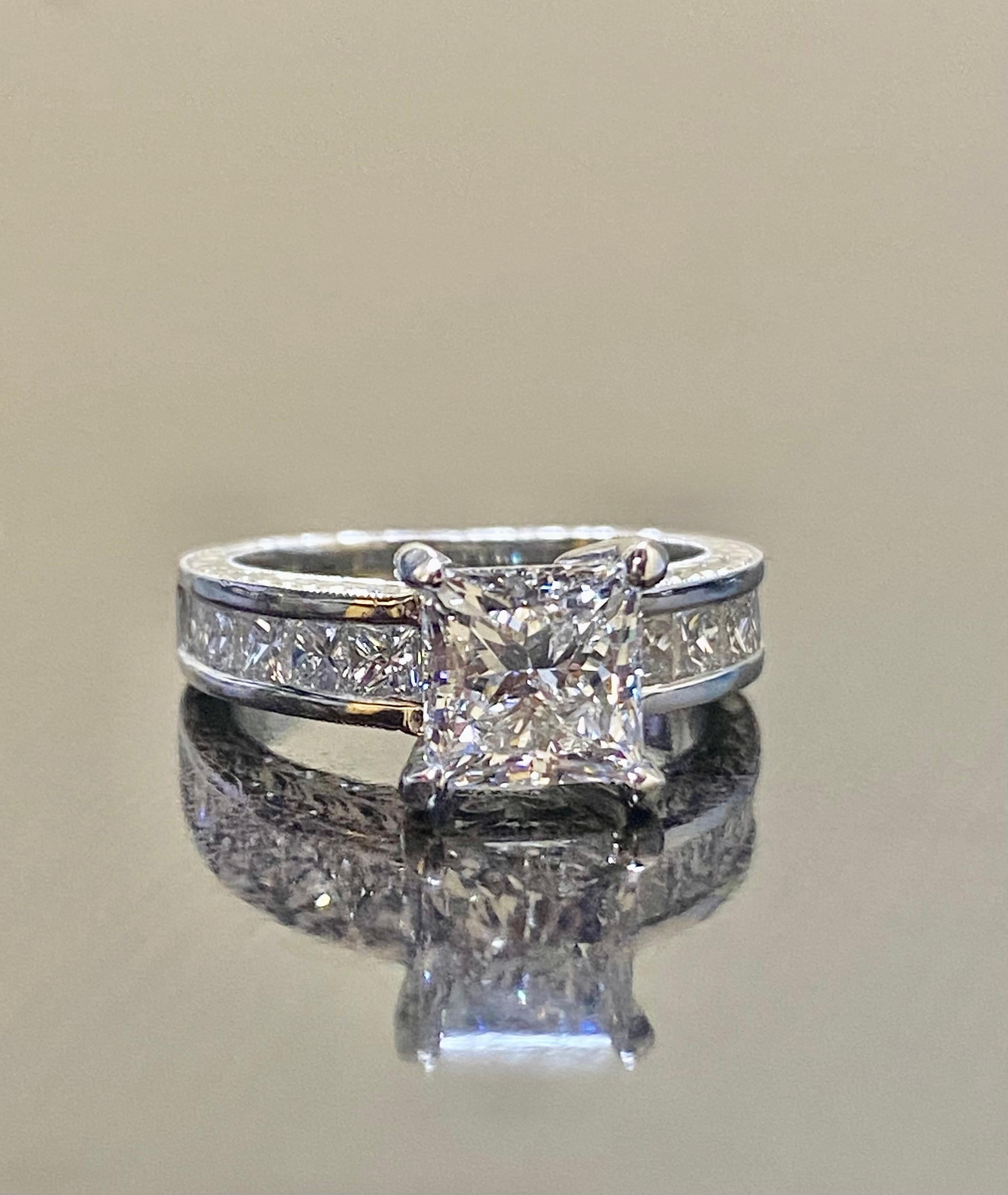 Art Deco Hand Engraved Platinum GIA E Color 2 Carat Princess Cut Diamond Engagement Ring For Sale