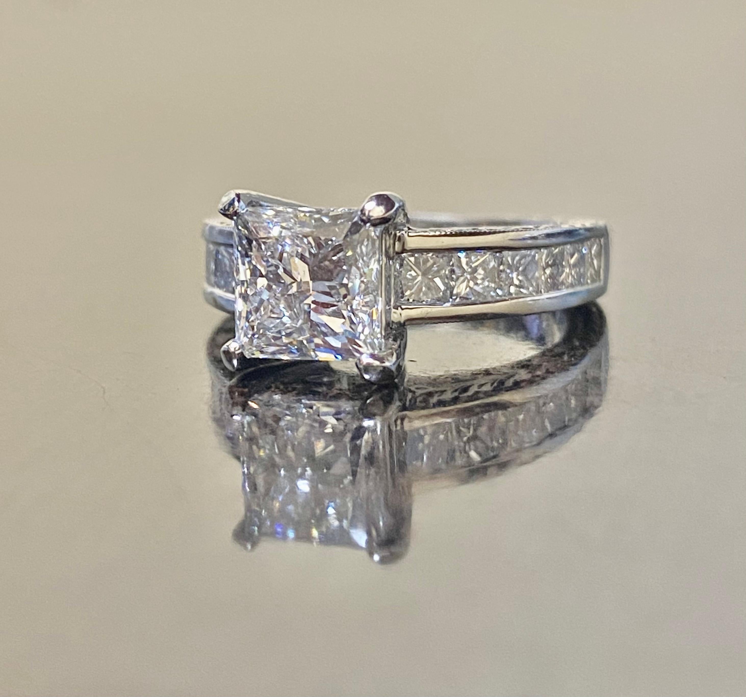 Hand Engraved Platinum GIA E Color 2 Carat Princess Cut Diamond Engagement Ring In New Condition For Sale In Los Angeles, CA