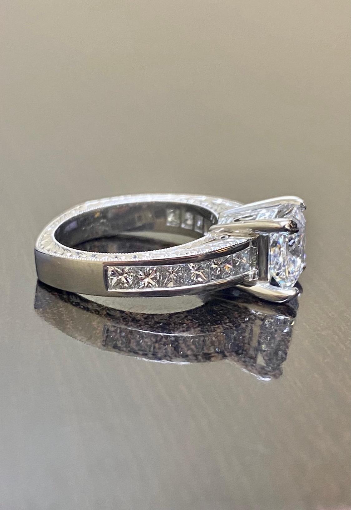 Women's Hand Engraved Platinum GIA E Color 2 Carat Princess Cut Diamond Engagement Ring For Sale