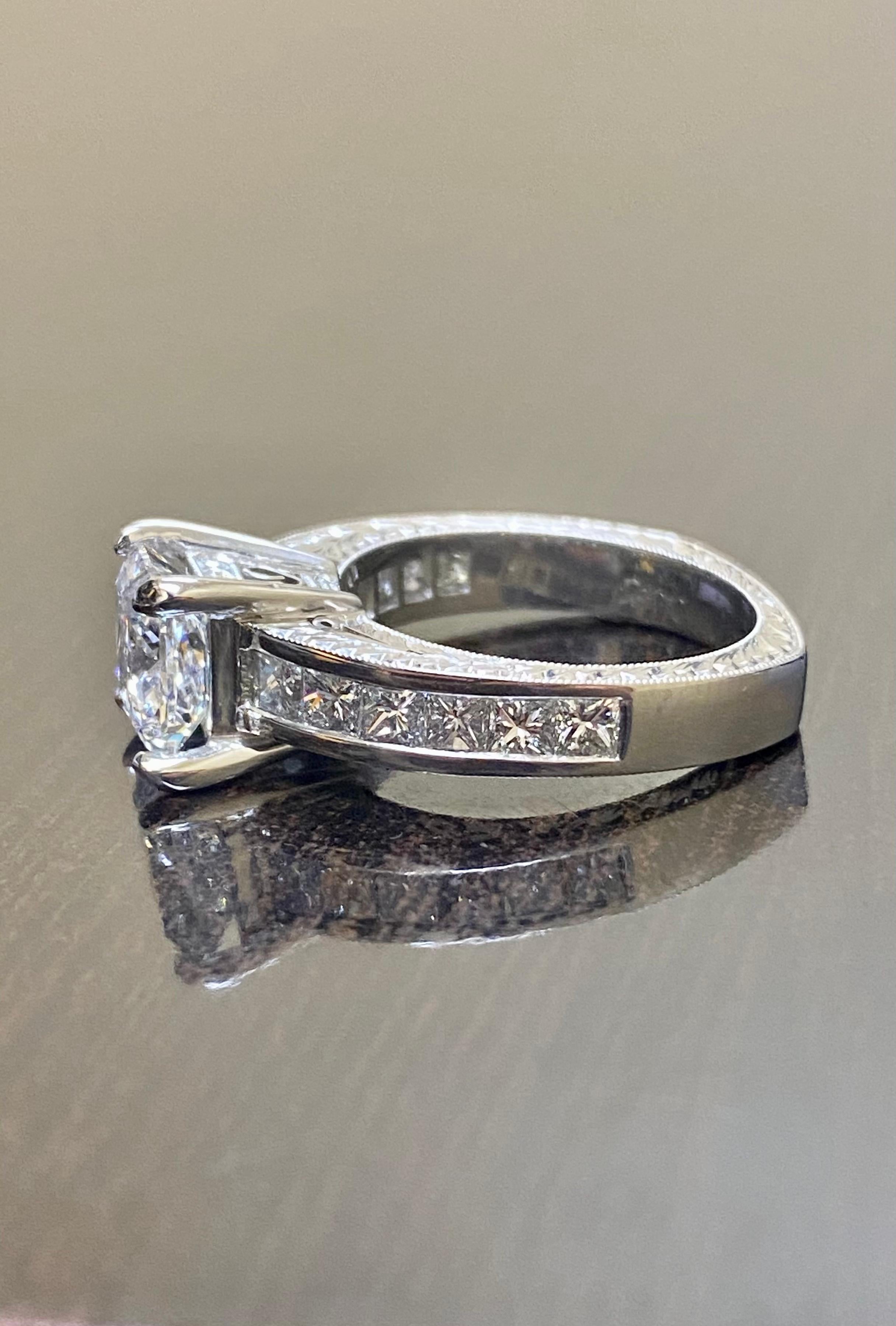 Hand Engraved Platinum GIA E Color 2 Carat Princess Cut Diamond Engagement Ring For Sale 1
