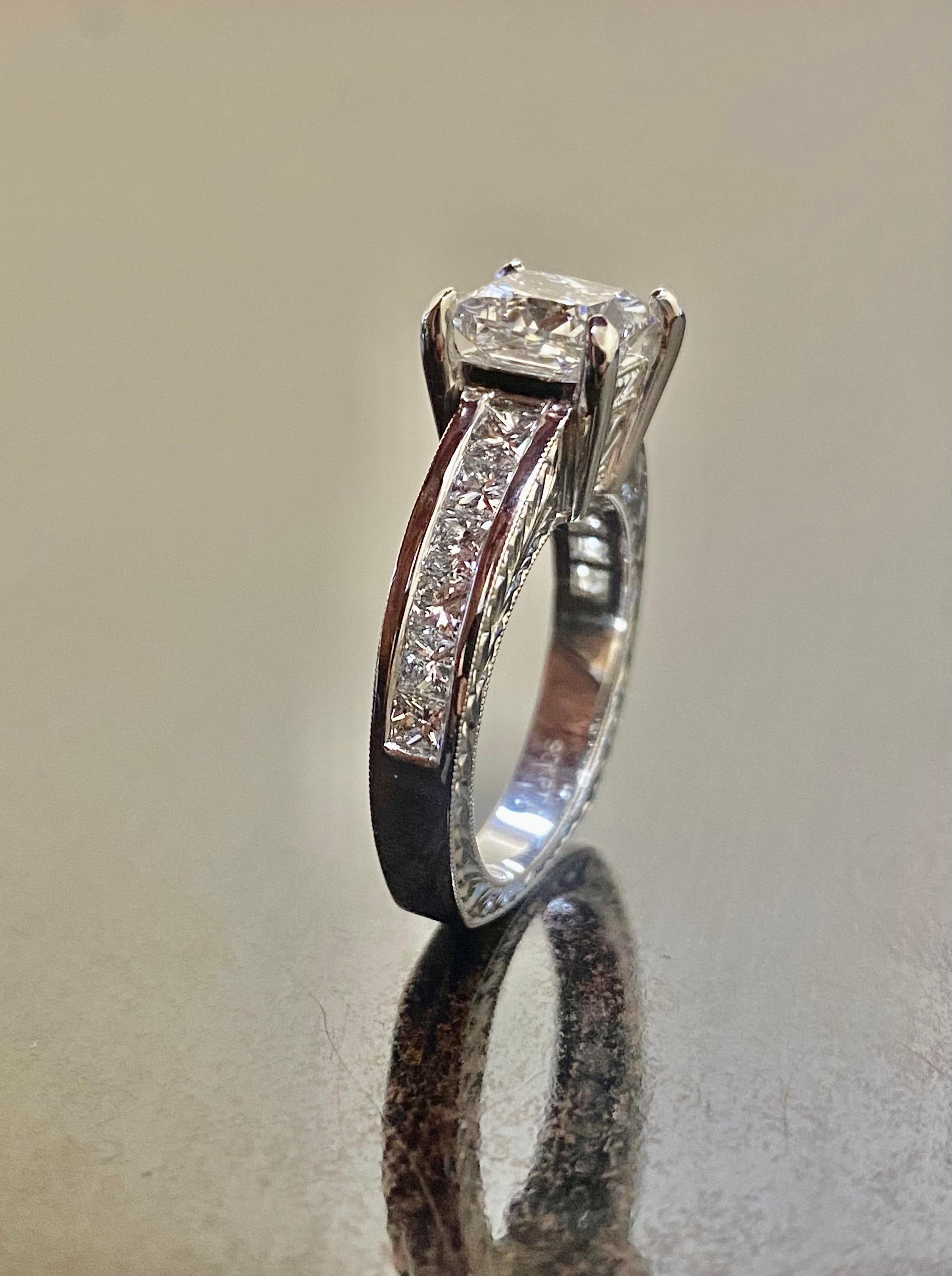 Hand Engraved Platinum GIA E Color 2 Carat Princess Cut Diamond Engagement Ring For Sale 2