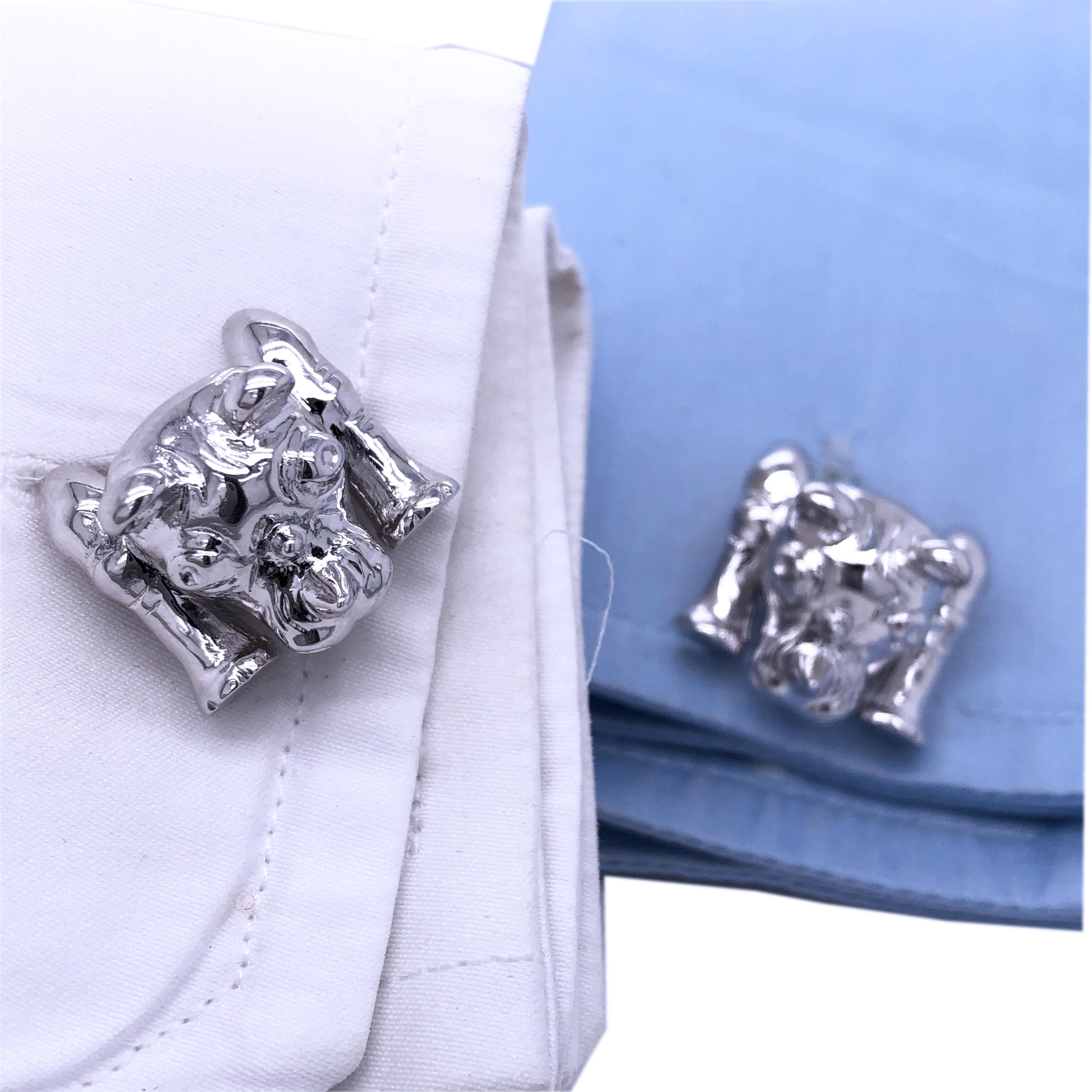 Berca Hand Engraved Rhinoceros Shaped Solid Sterling Silver Cufflinks For Sale 5