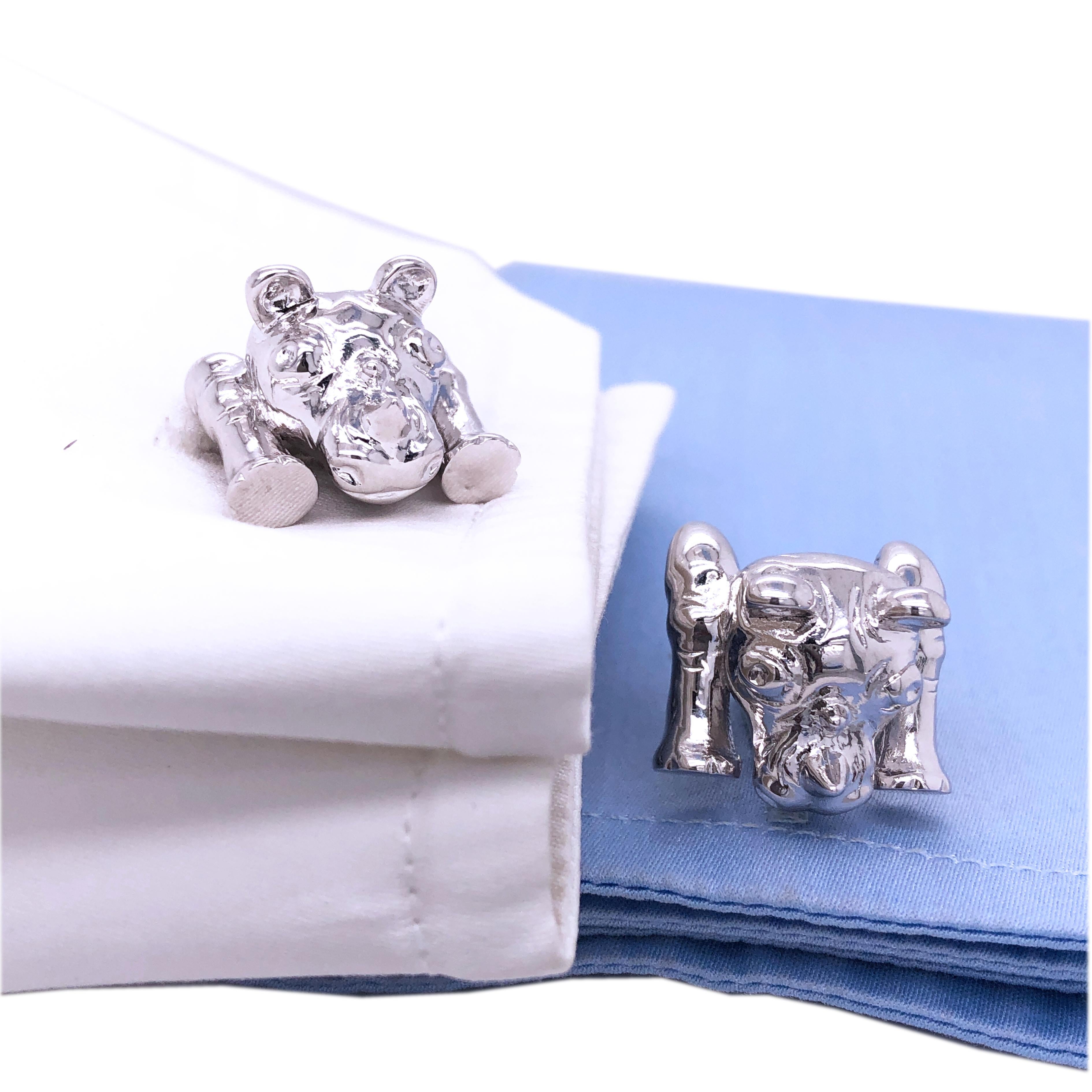 Berca Hand Engraved Rhinoceros Shaped Solid Sterling Silver Cufflinks For Sale 7