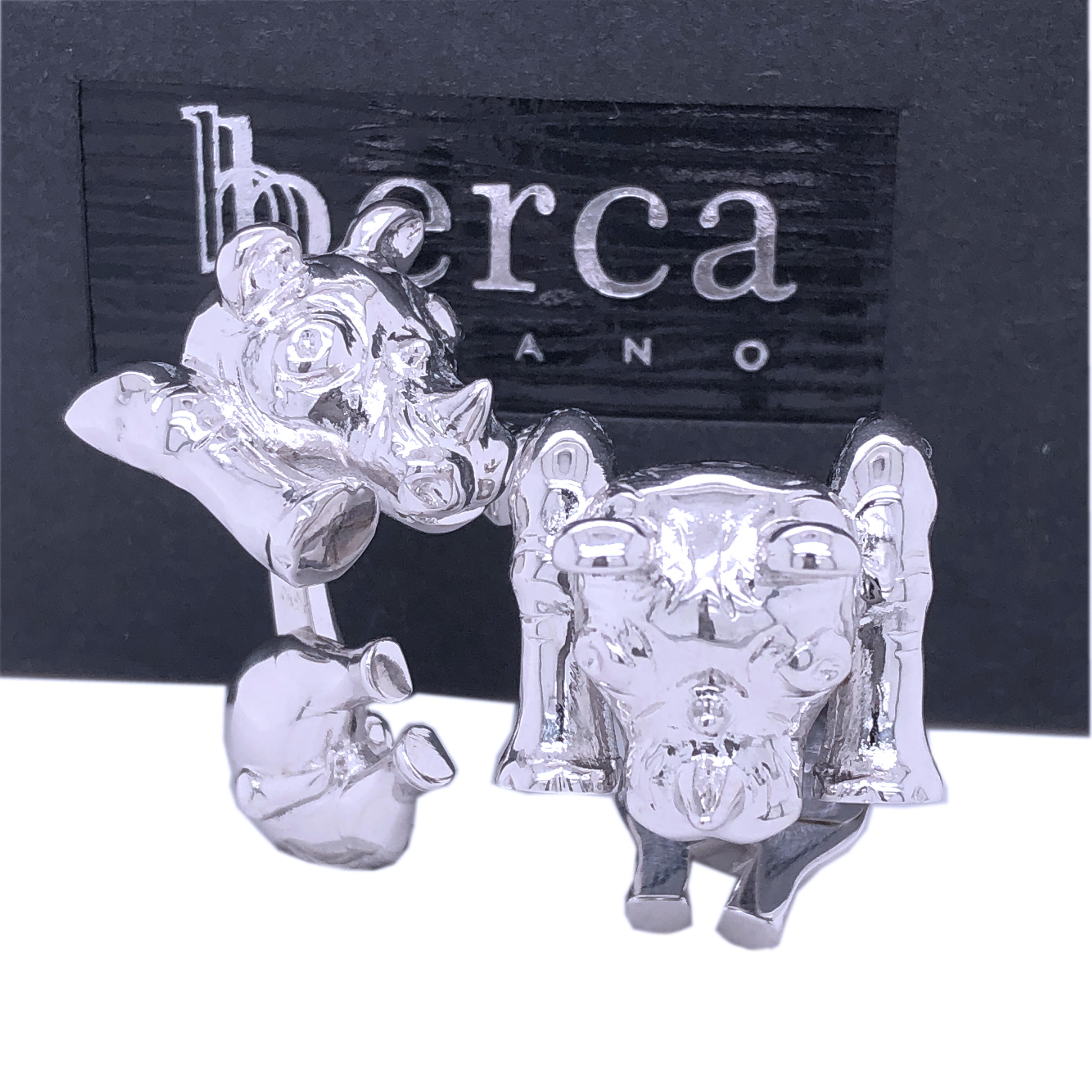 Contemporary Berca Hand Engraved Rhinoceros Shaped Solid Sterling Silver Cufflinks For Sale