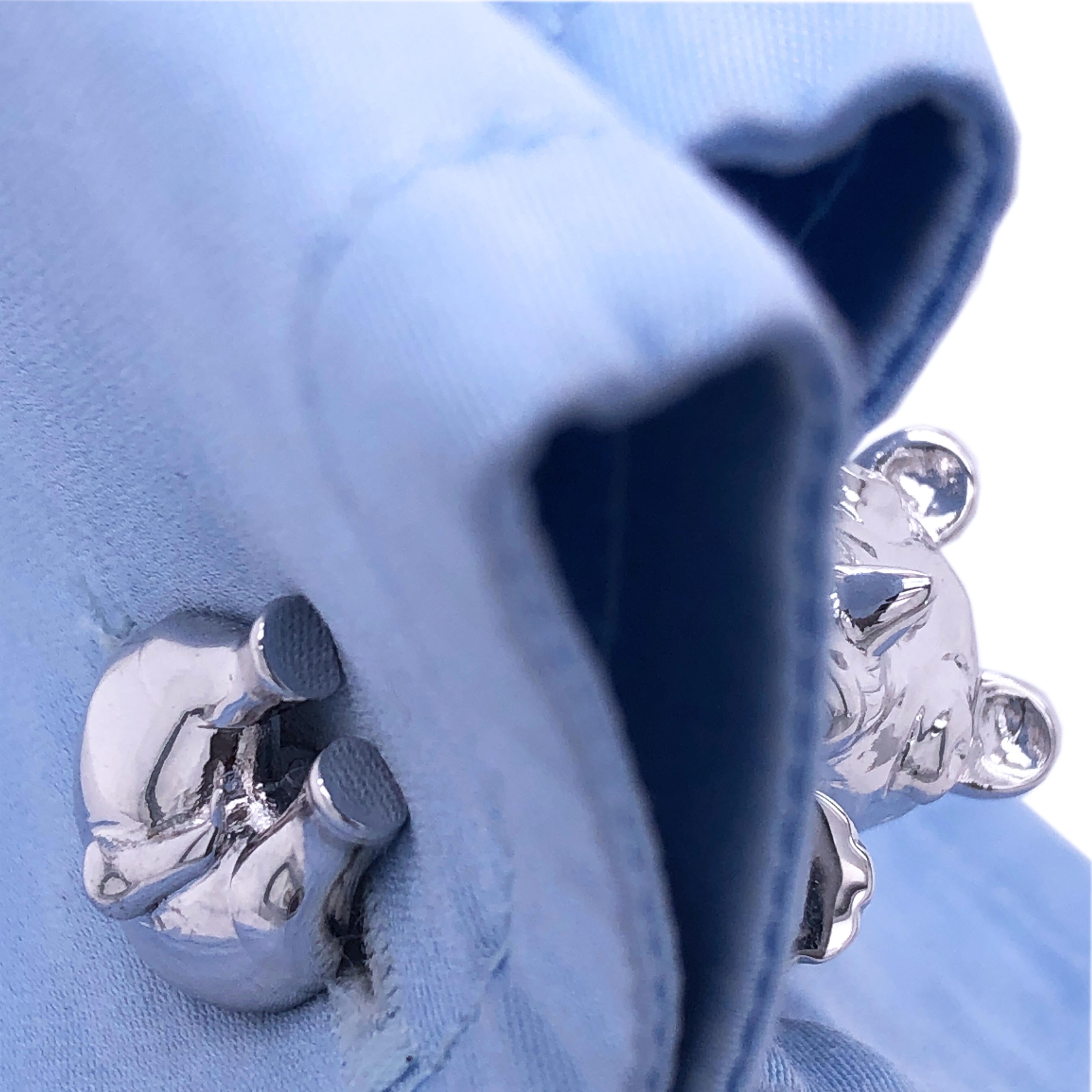 Women's or Men's Berca Hand Engraved Rhinoceros Shaped Solid Sterling Silver Cufflinks For Sale