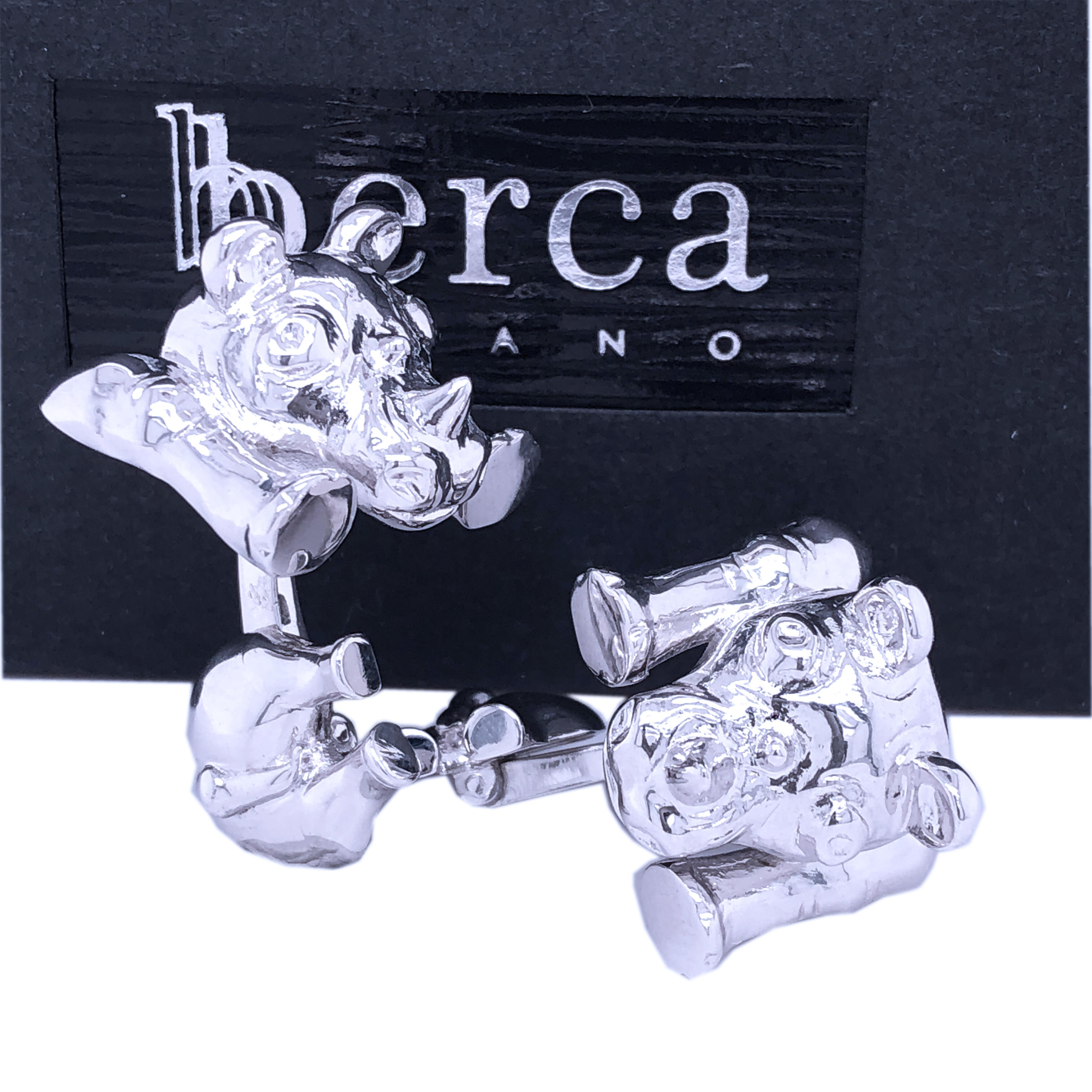 Berca Hand Engraved Rhinoceros Shaped Solid Sterling Silver Cufflinks For Sale 1