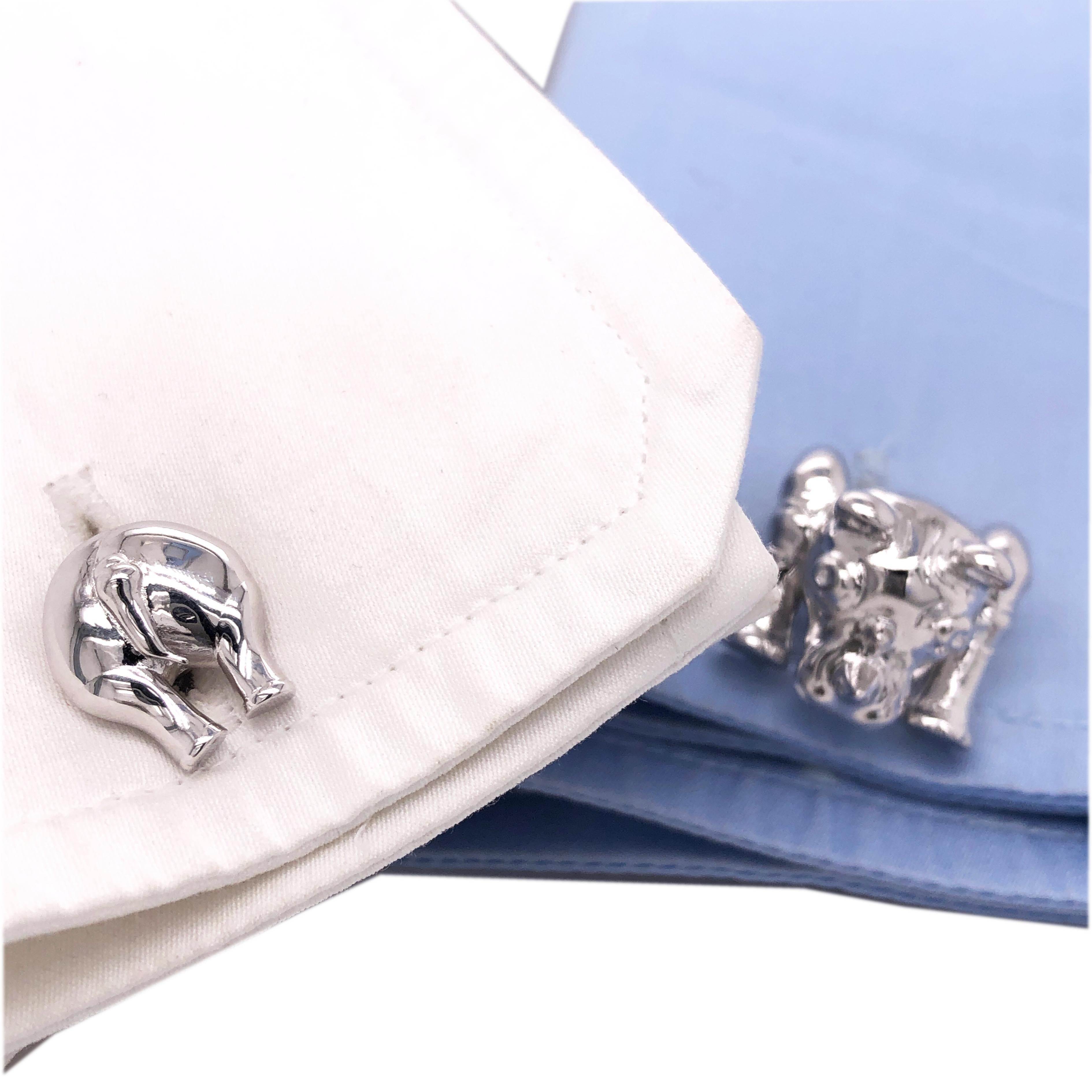 Berca Hand Engraved Rhinoceros Shaped Solid Sterling Silver Cufflinks For Sale 3