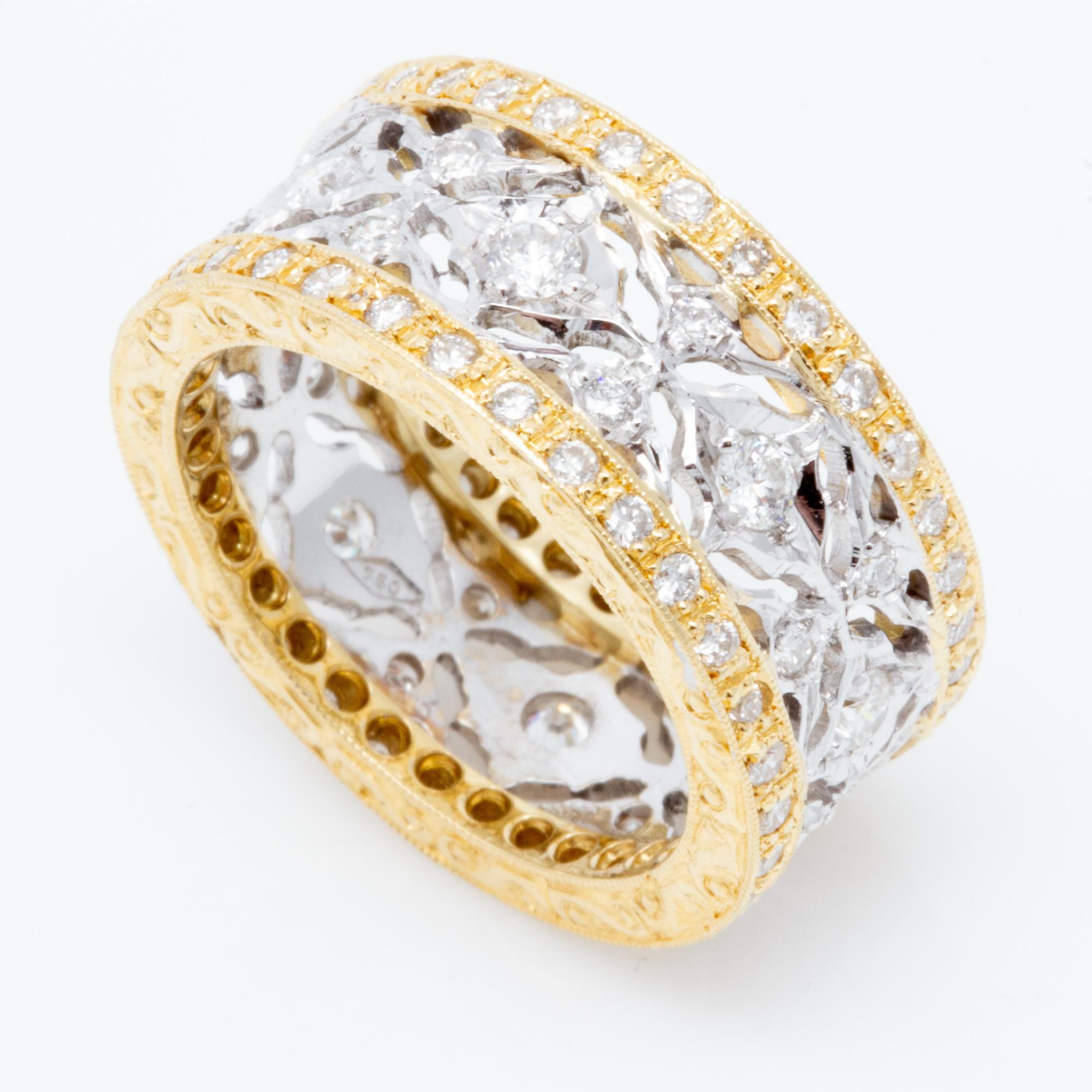This handmade Italian 1.22 carat diamond and 18k two-tone ring is a gorgeous statement piece as well as a wonderful choice for a non-traditional anniversary band. Well-cut diamonds are set on both edges, surrounding a white gold center.

Created by