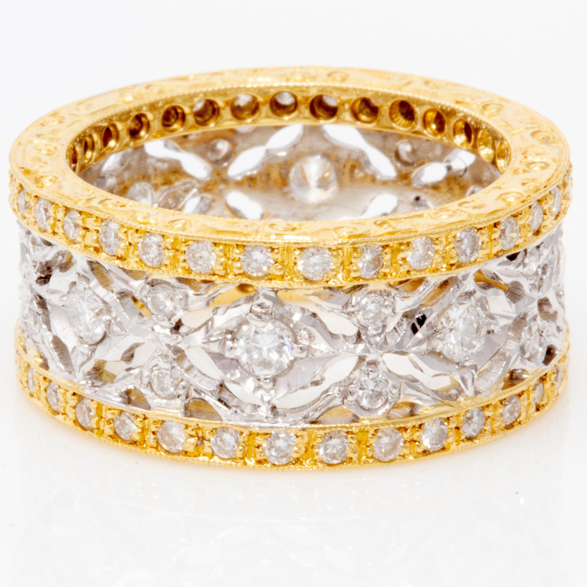 Handgravierter zweifarbiger Ring aus 18 Karat Gold und Diamanten im Angebot 2