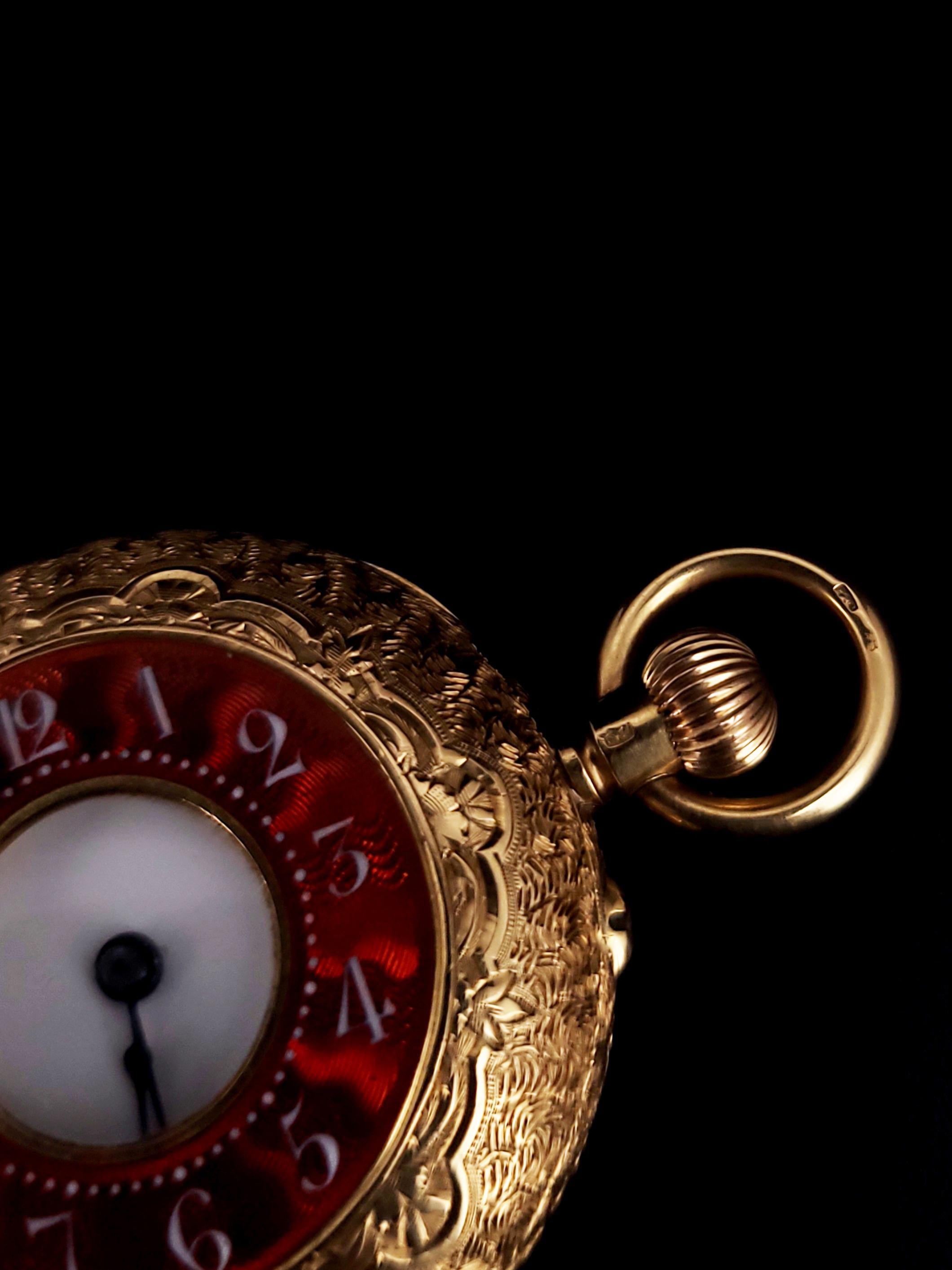Men's Hand Engraved Vintage 1930s 18k Yellow Gold Enamel Pocket Watch For Sale
