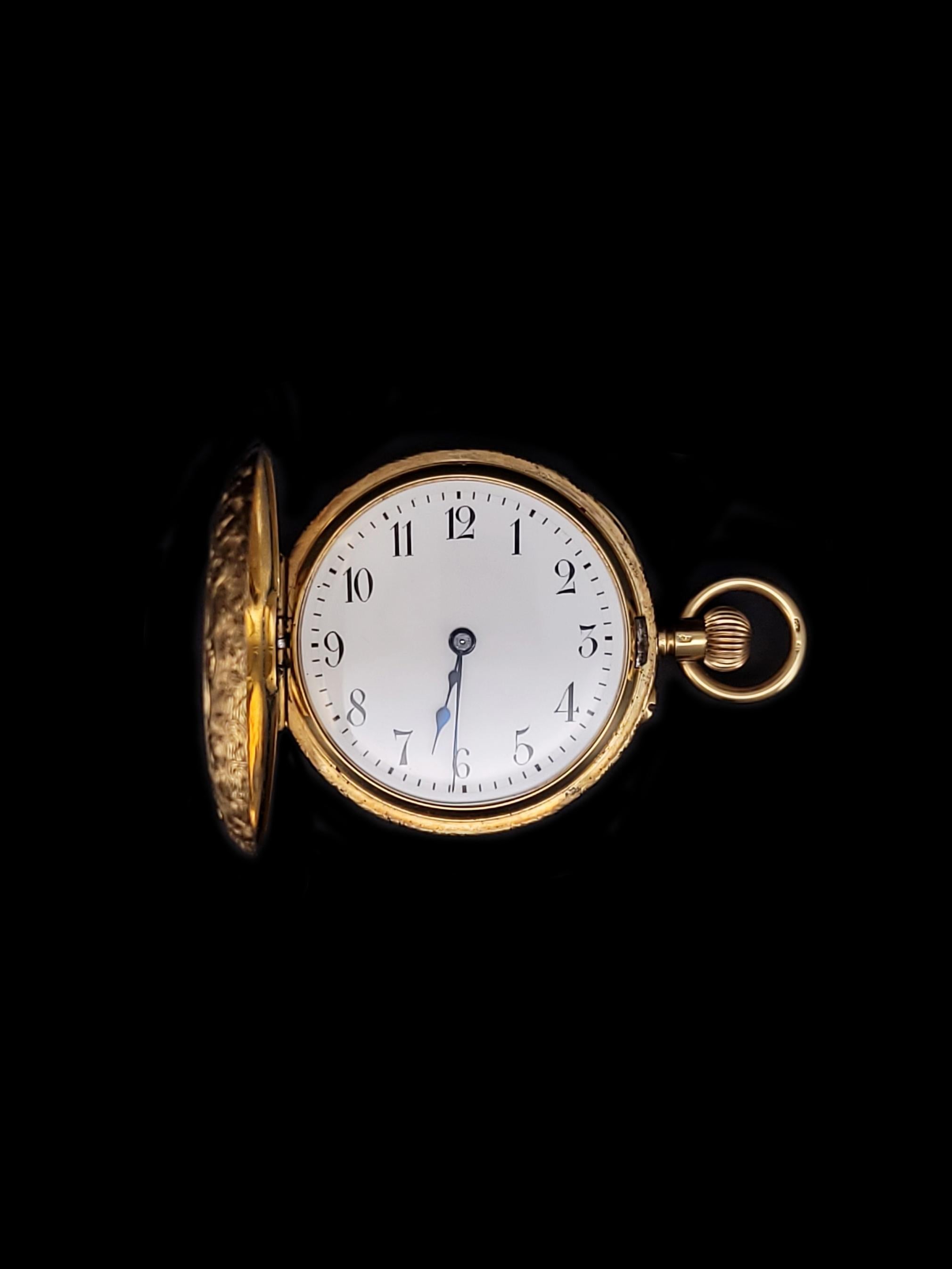 Hand Engraved Vintage 1930s 18k Yellow Gold Enamel Pocket Watch For Sale 2
