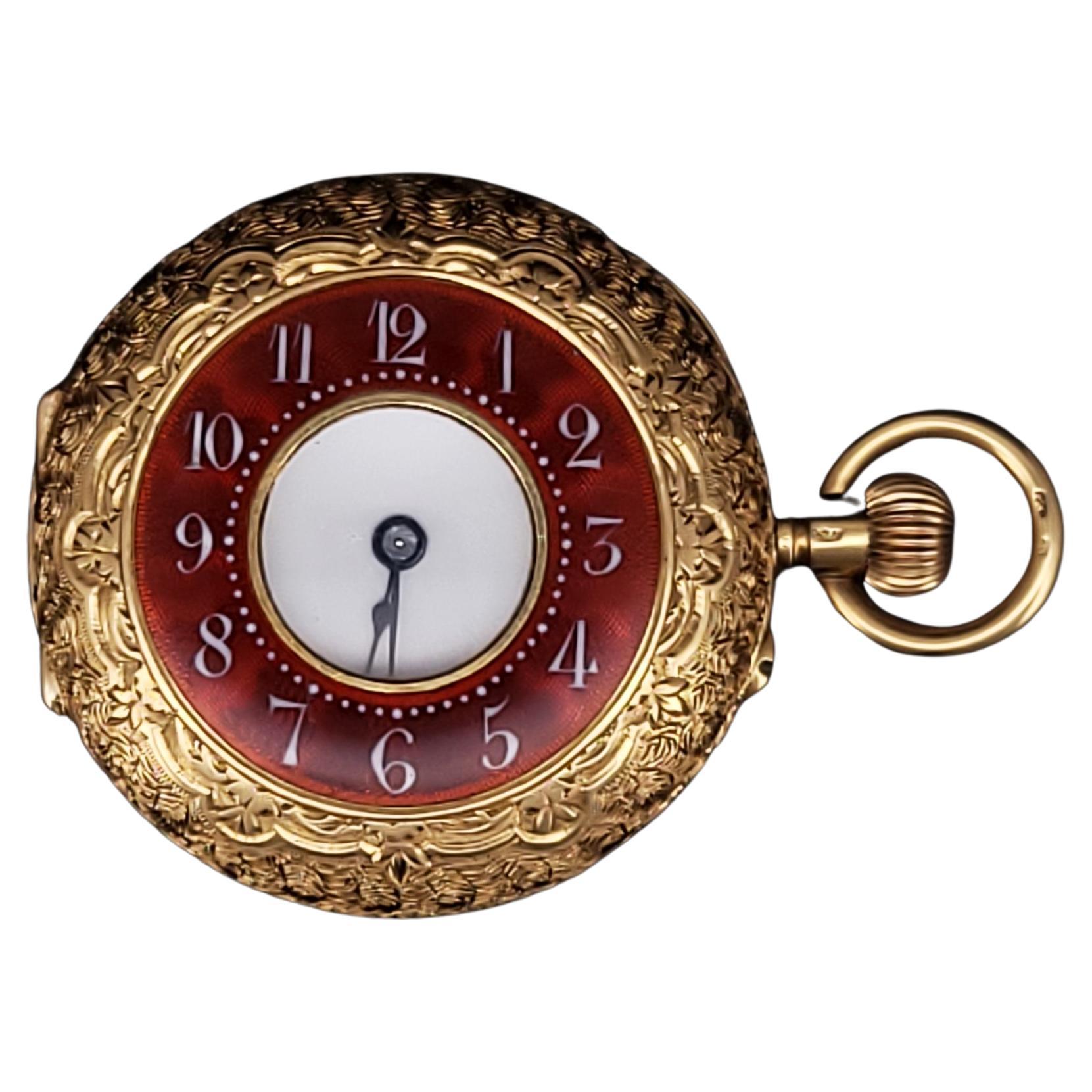 Hand Engraved Vintage 1930s 18k Yellow Gold Enamel Pocket Watch