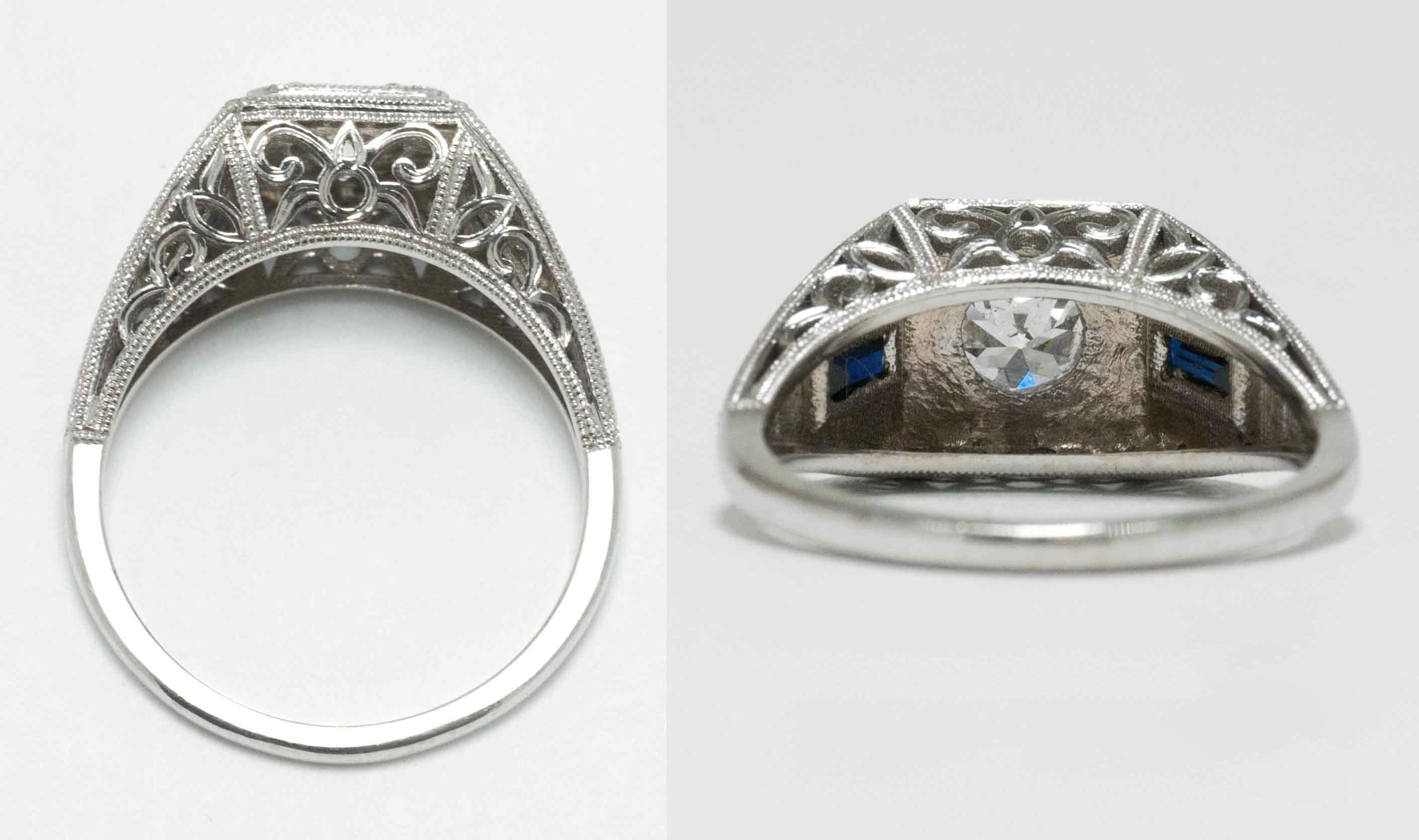 Hand Engraved Vintage Old European Diamond Sapphire Engagement Ring In New Condition For Sale In Santa Barbara, CA