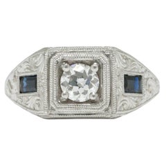 Anillo de compromiso de zafiro con diamante europeo antiguo grabado a mano