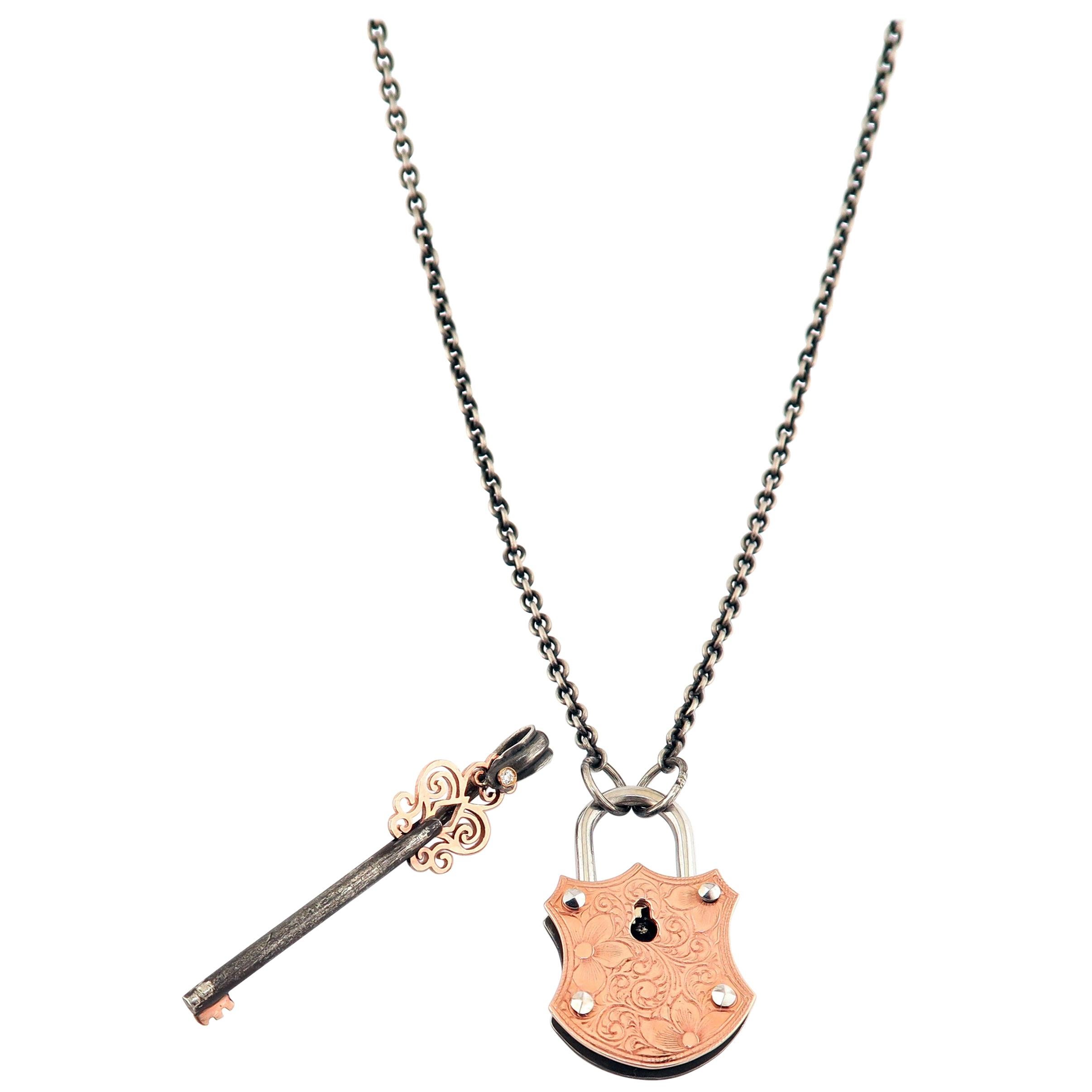Hand Engraved Working Lock and Key Pendant 14 Rose Gold and Organic Silver For Sale