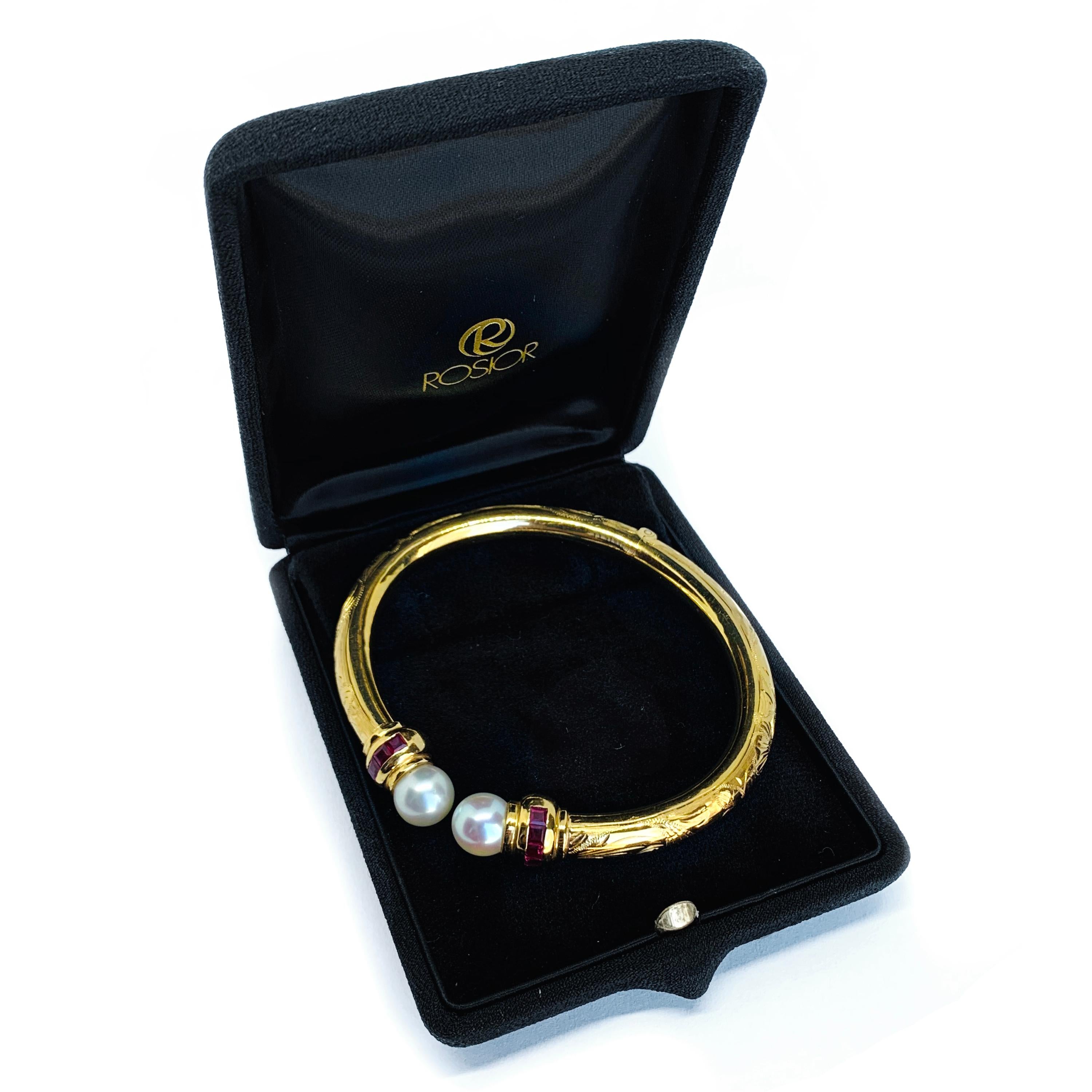Victorian Hand Engraved Yellow Gold Open Bangle Bracelet with Pearls and Rubis