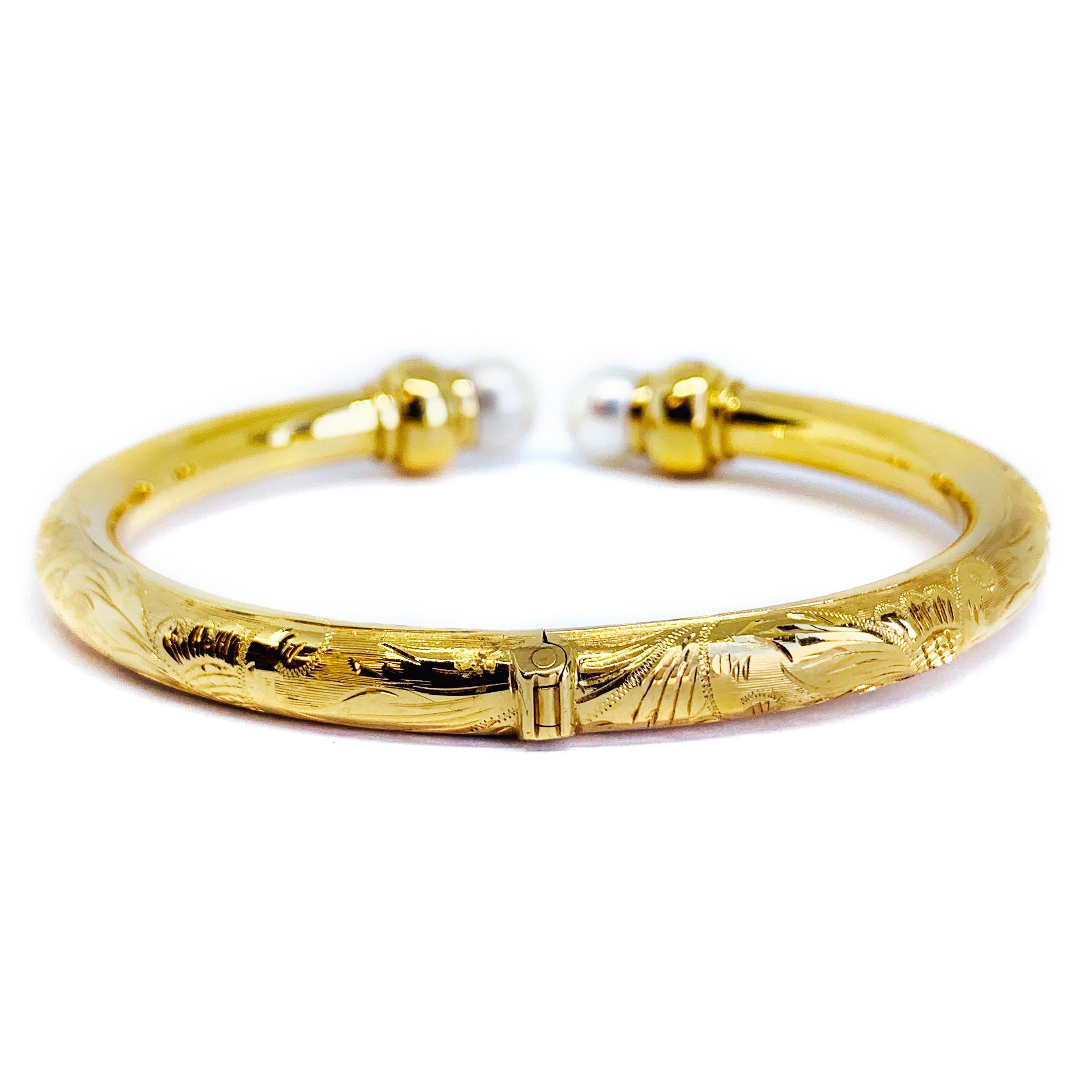 Princess Cut Hand Engraved Yellow Gold Open Bangle Bracelet with Pearls and Rubis