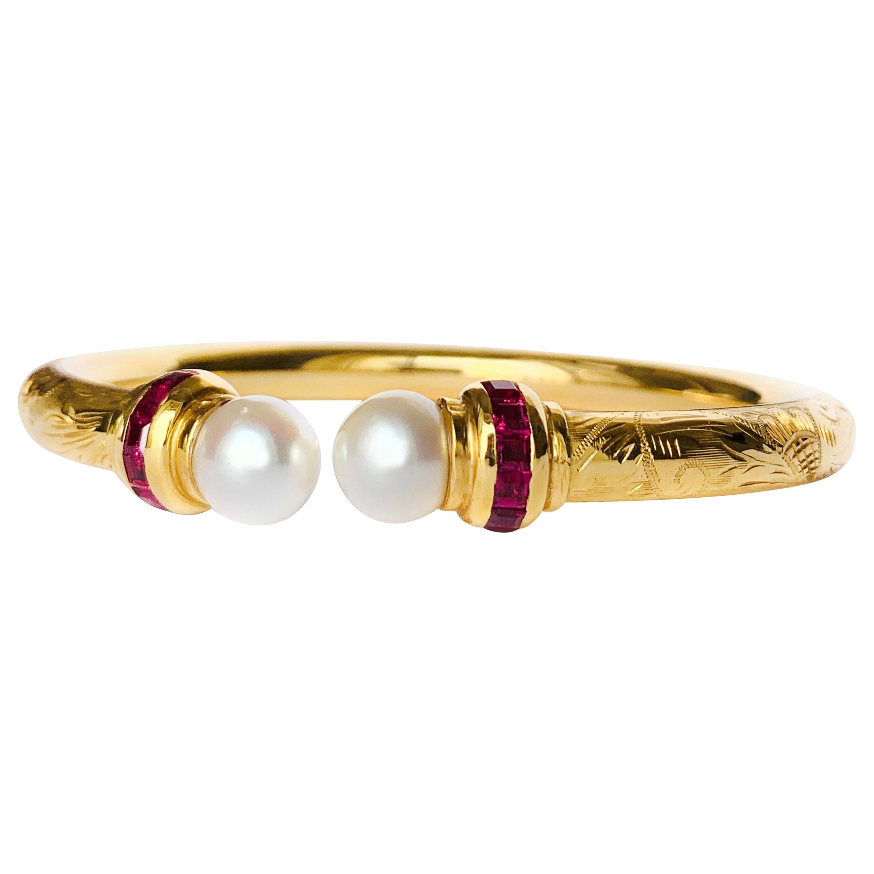 Hand Engraved Yellow Gold Open Bangle Bracelet with Pearls and Rubis