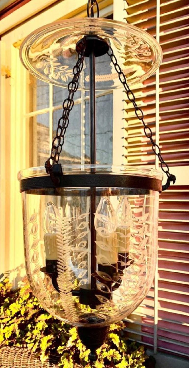 Patinated Hand Etched and Cut Glass Hall Lantern