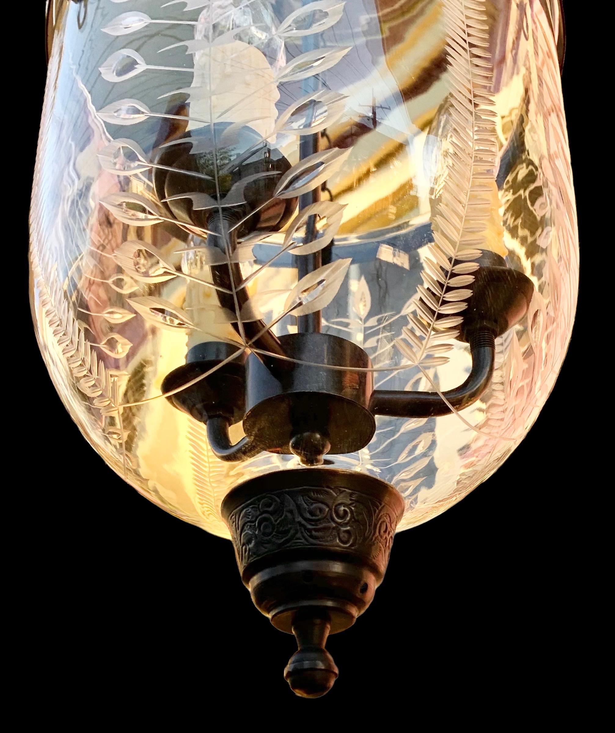 Hand Etched and Cut Glass Hall Lantern In Good Condition In New Orleans, LA
