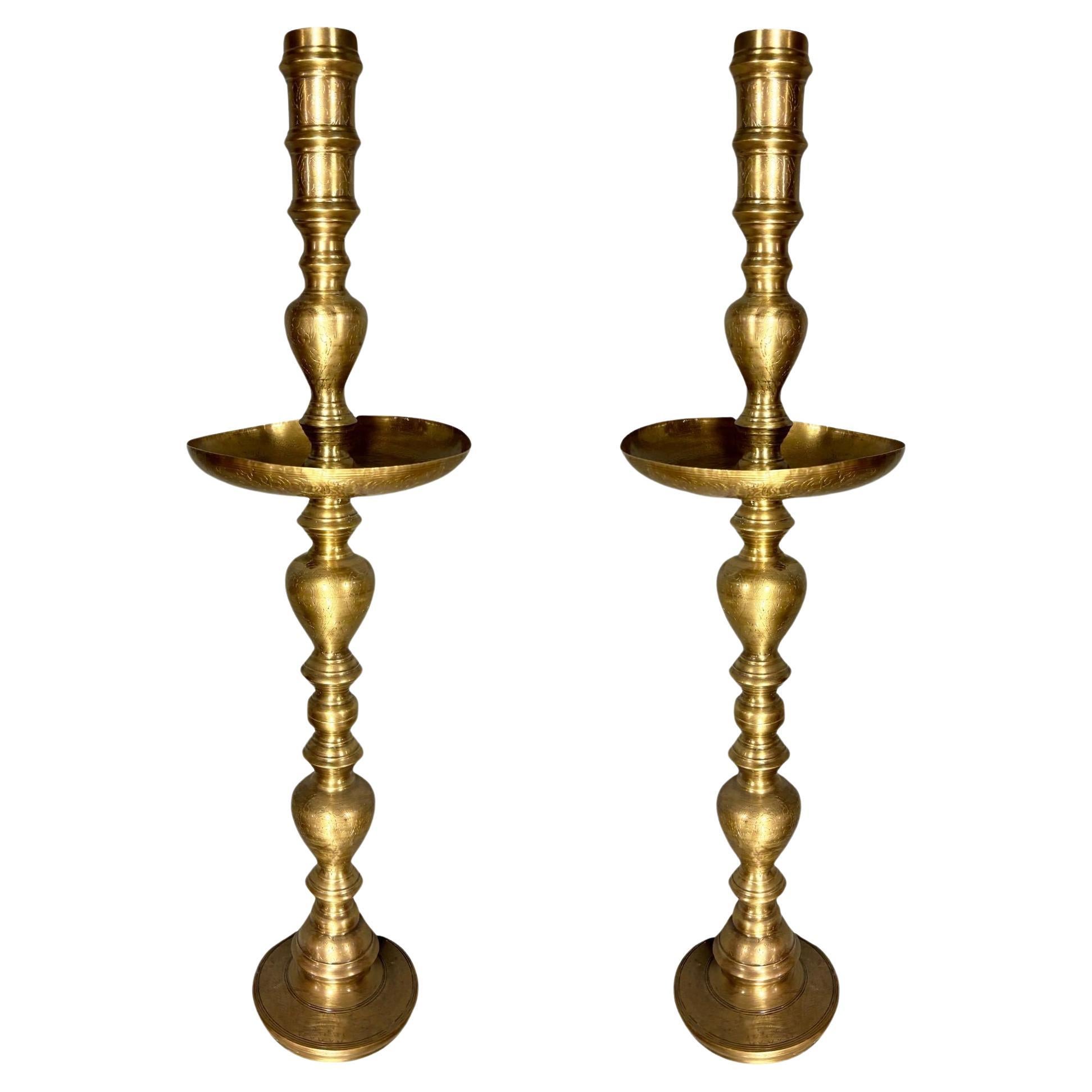 Hand Etched Brass Moroccan Floor Candelabra, Pair