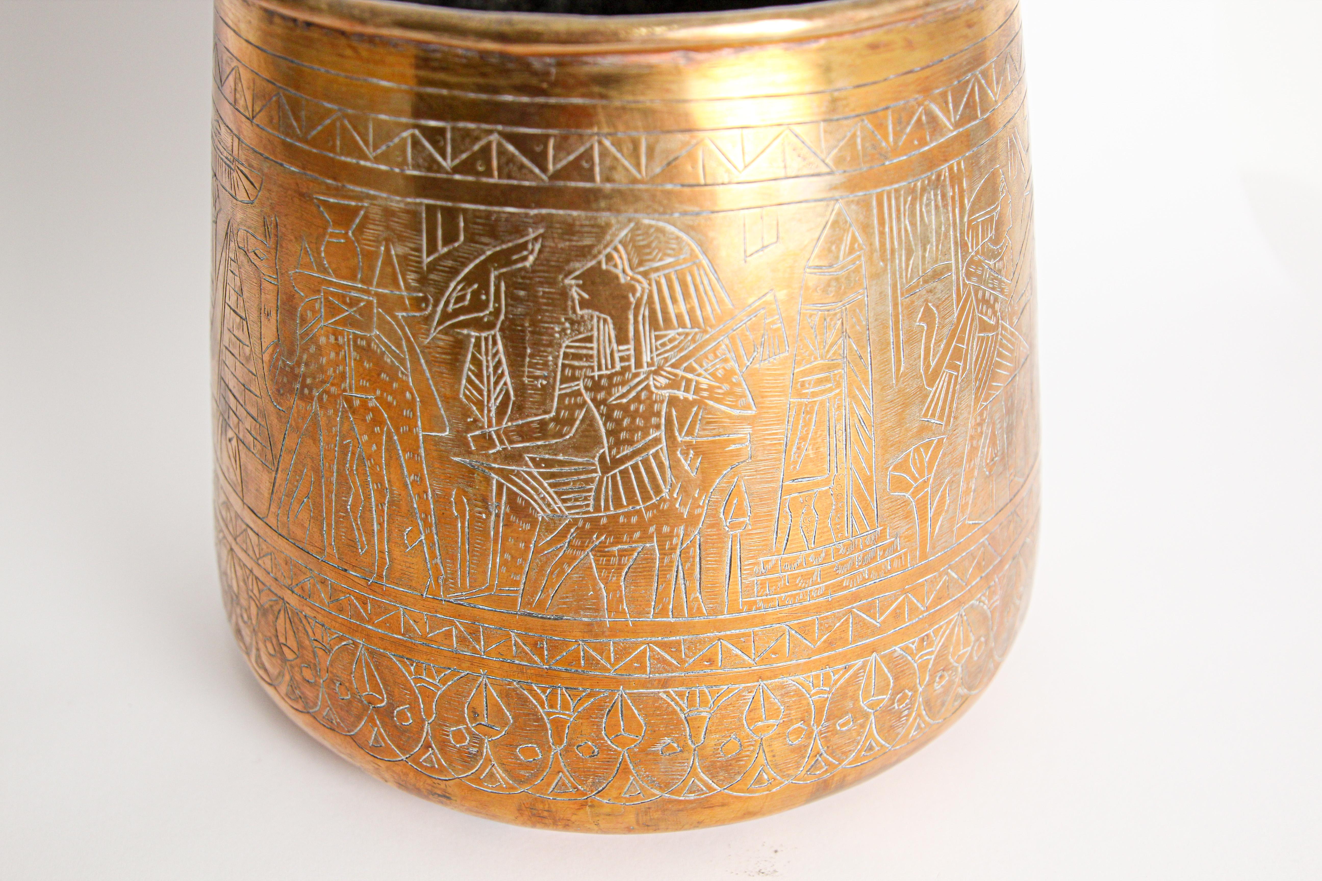 Hand Etched Egyptian Brass Vessel Jardiniere, 19th Century For Sale 7
