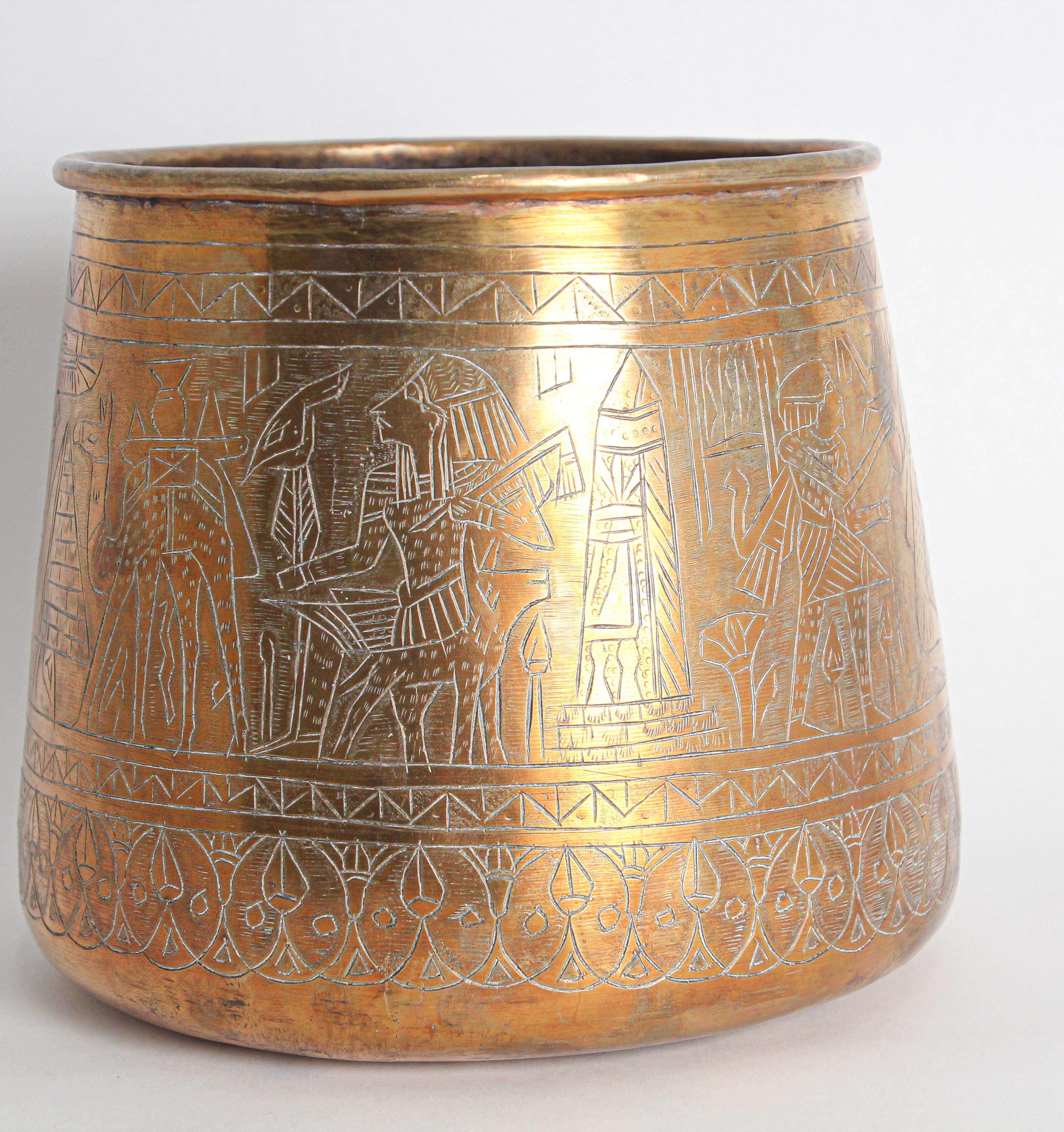 Hand Etched Egyptian Brass Vessel Jardiniere, 19th Century For Sale 8