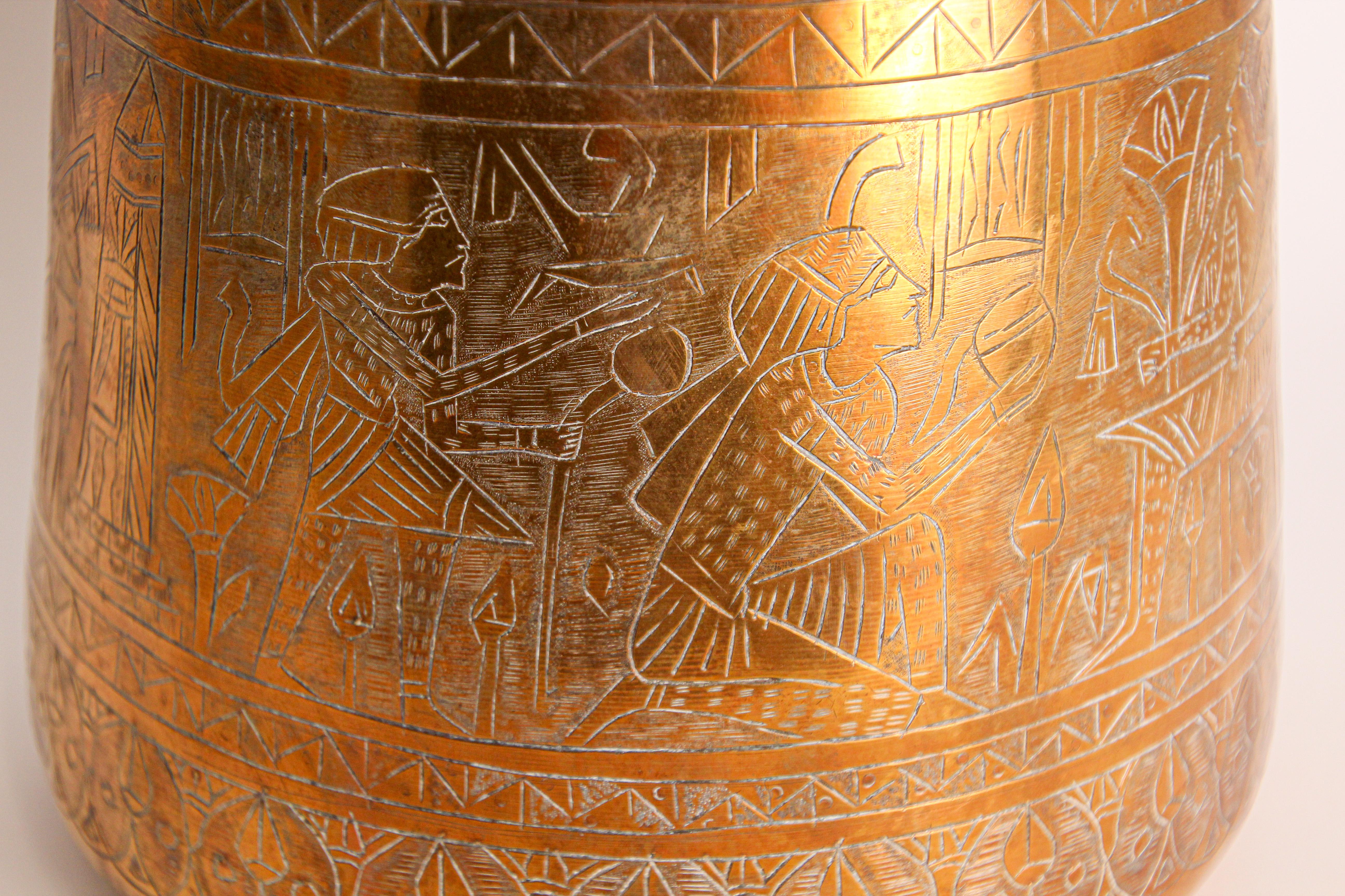 Hand-Crafted Hand Etched Egyptian Brass Vessel Jardiniere, 19th Century For Sale