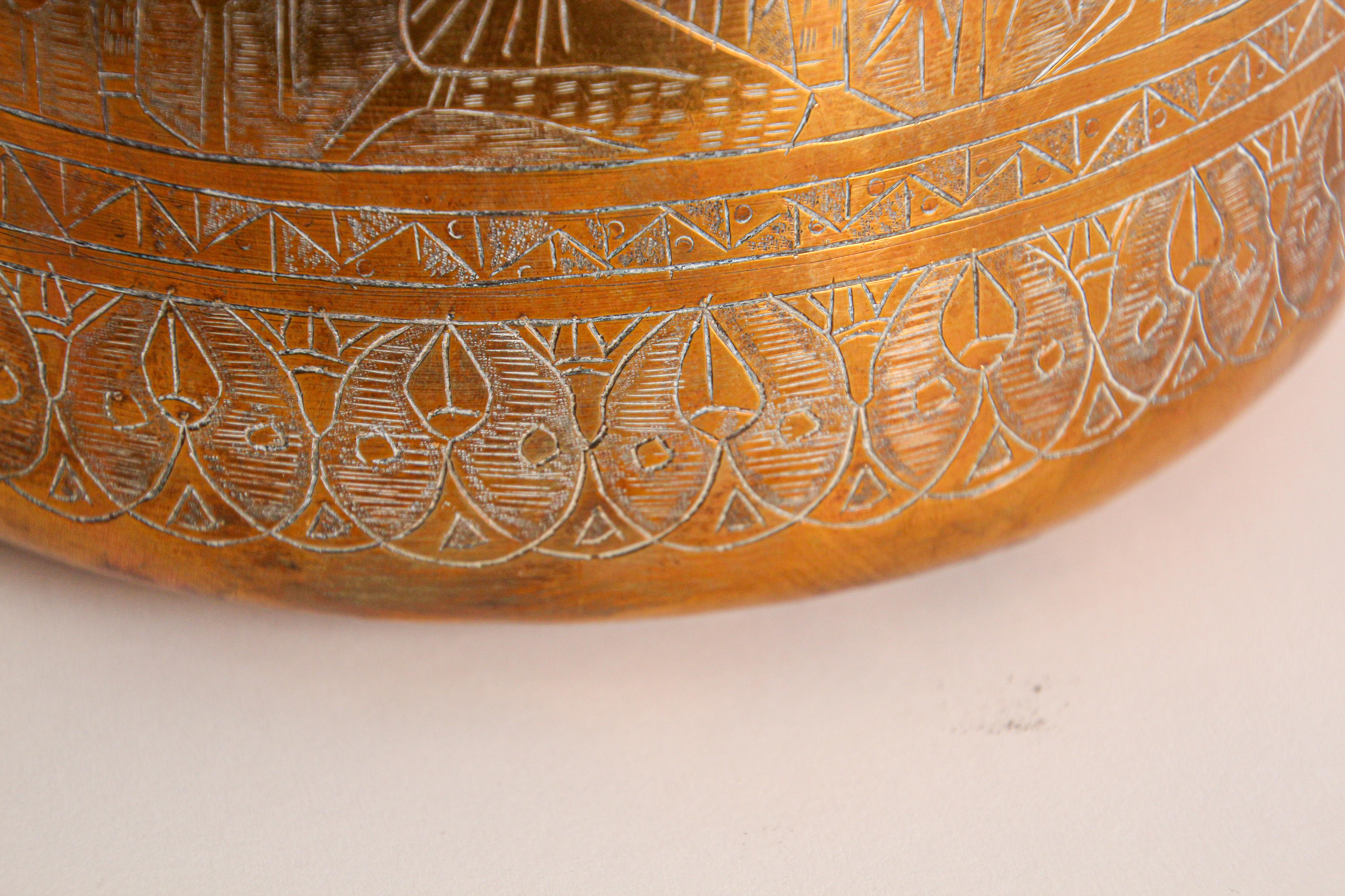 Hand Etched Egyptian Brass Vessel Jardiniere, 19th Century In Good Condition For Sale In North Hollywood, CA
