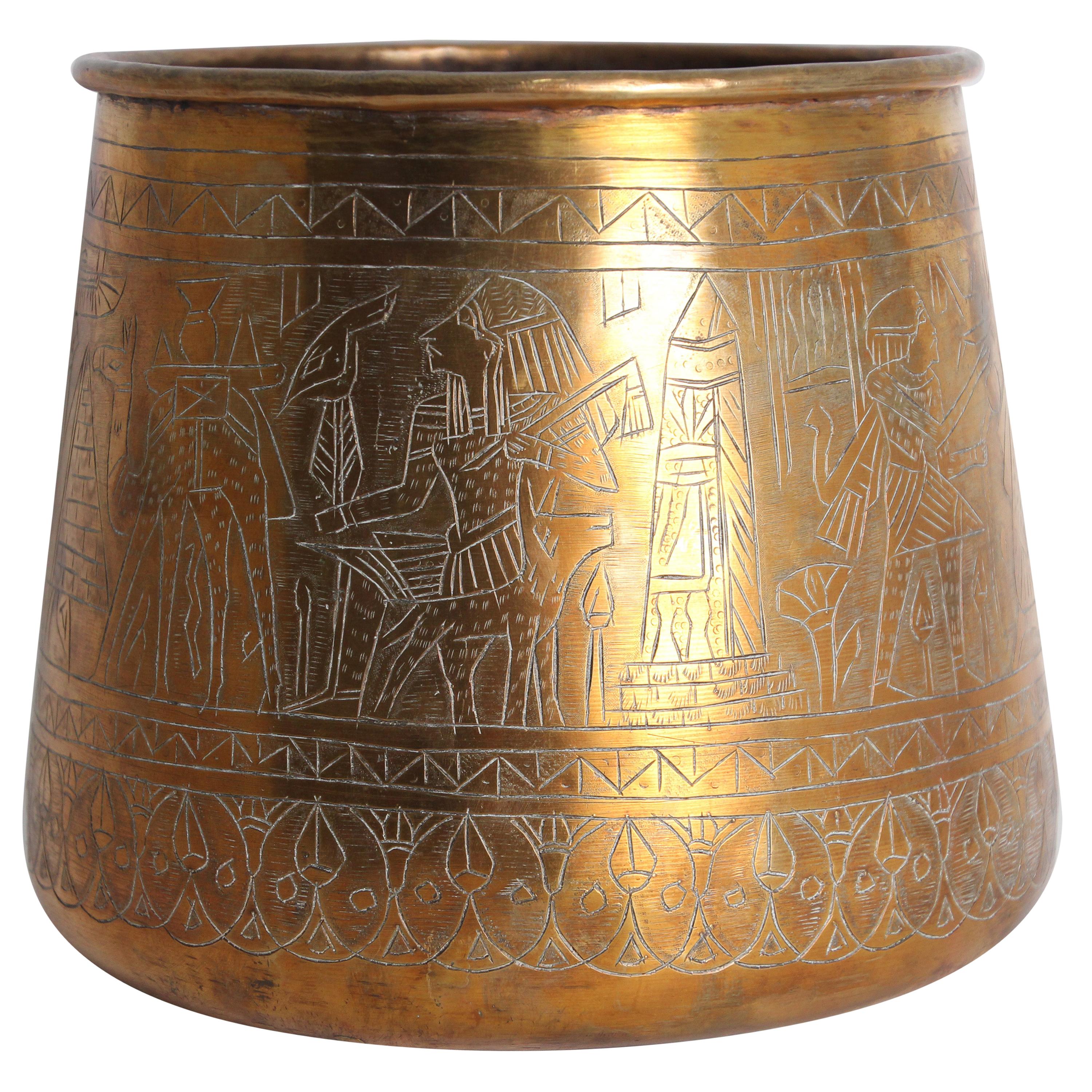 Hand Etched Egyptian Brass Vessel Jardiniere, 19th Century For Sale