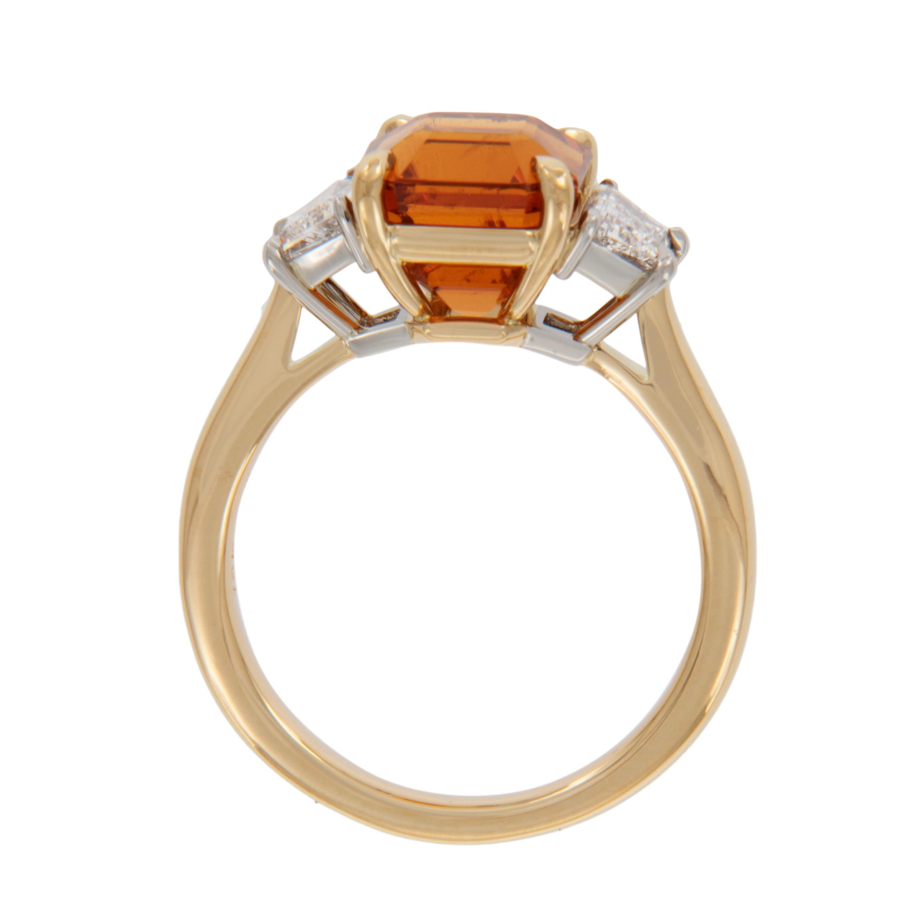 Asscher Cut Hand Fabricated 18k Gold & Platinum Gia Mandarin Spessartine Garnet Diamond Ring For Sale