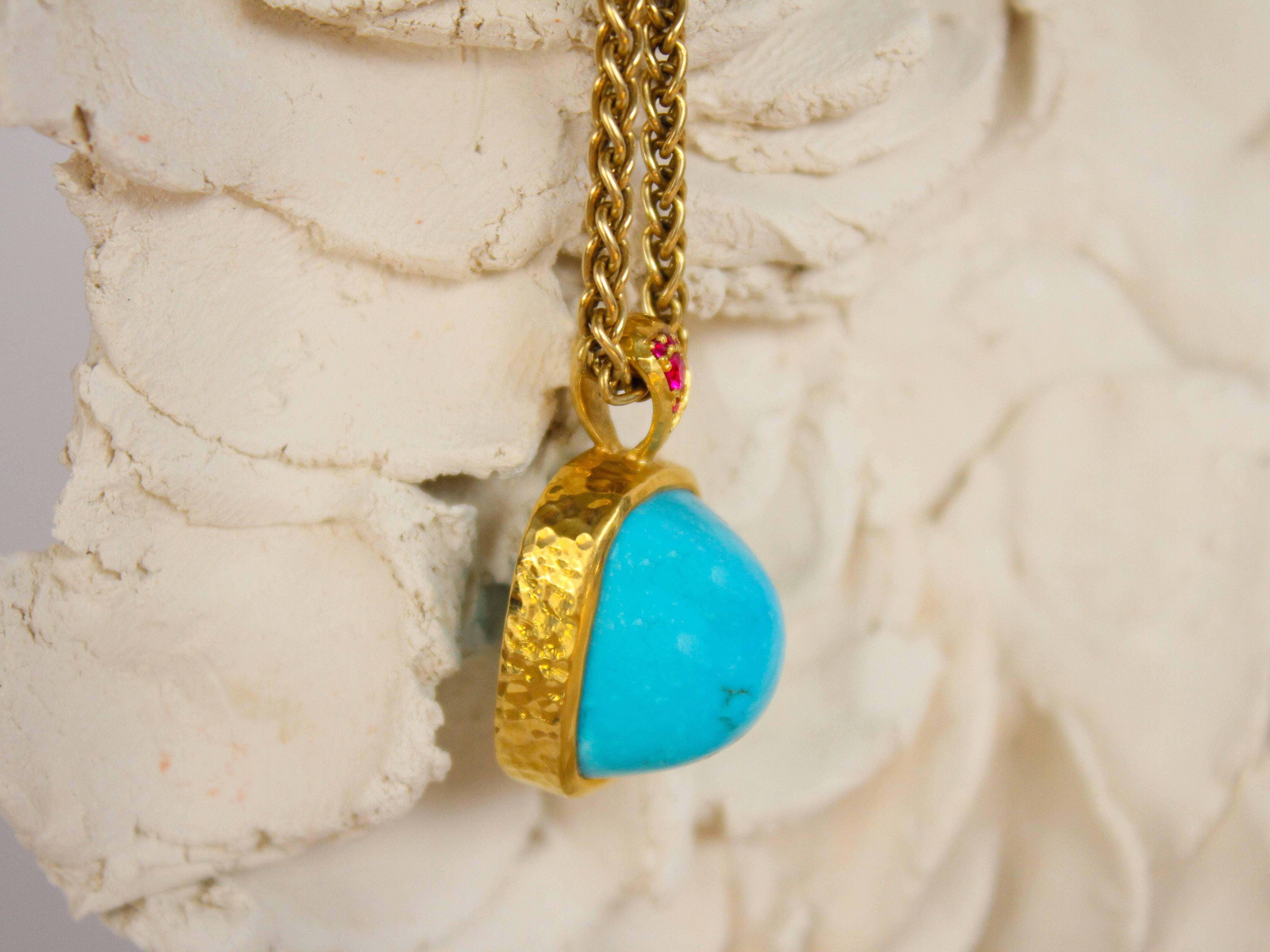 Artisan Hand Fabricated Solid Turquoise and 22 Karat Gold and Ruby Pendant