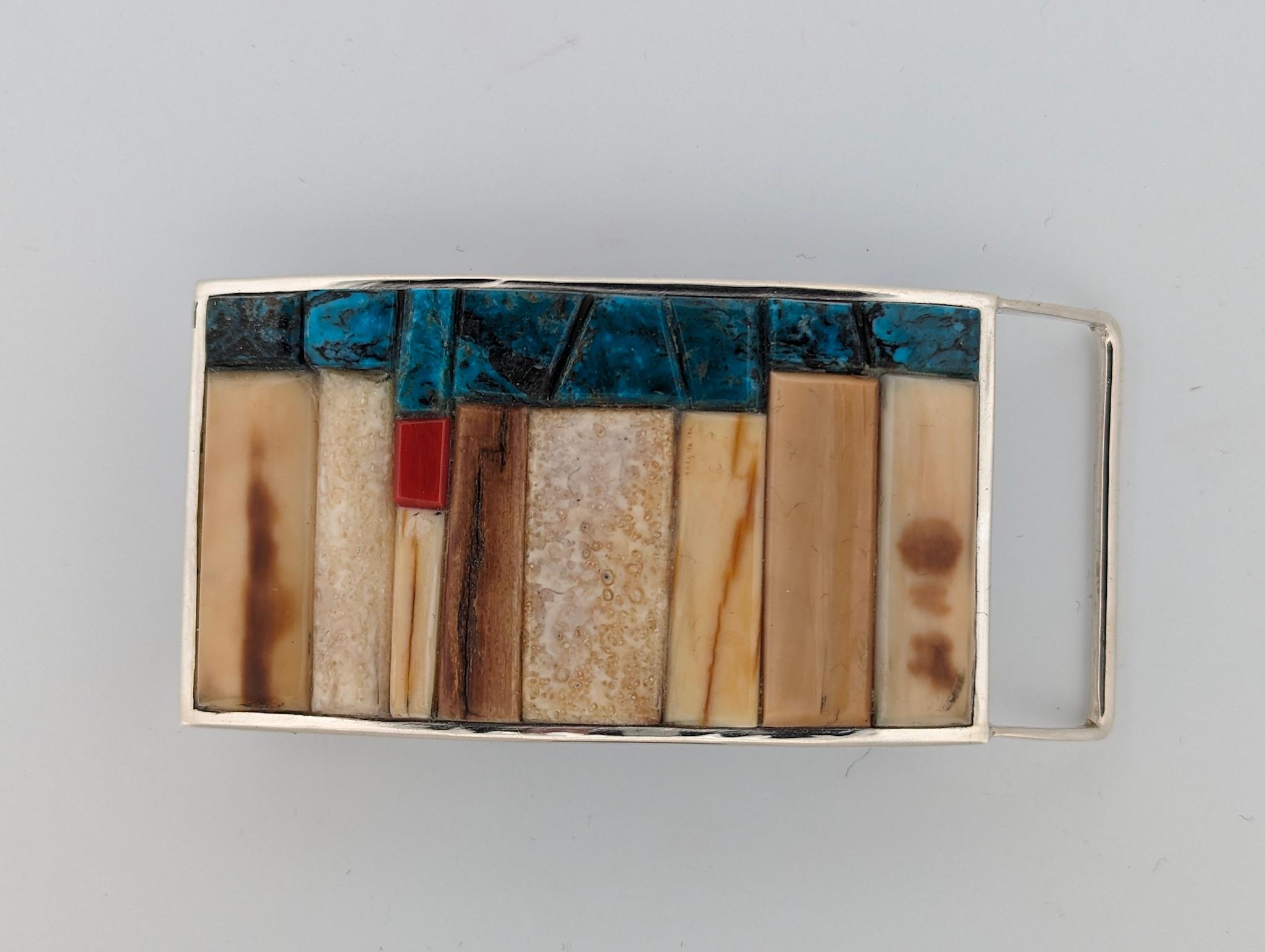 Hand-Fabricated Sterling Silver Belt Buckle with Kingman Turquoise, Coral 1