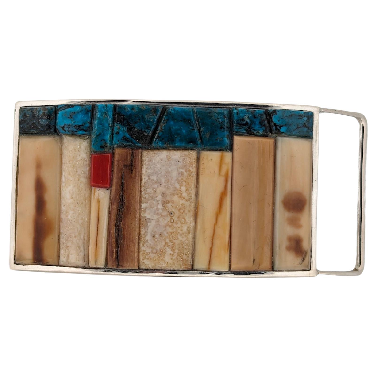 Hand-Fabricated Sterling Silver Belt Buckle with Kingman Turquoise, Coral