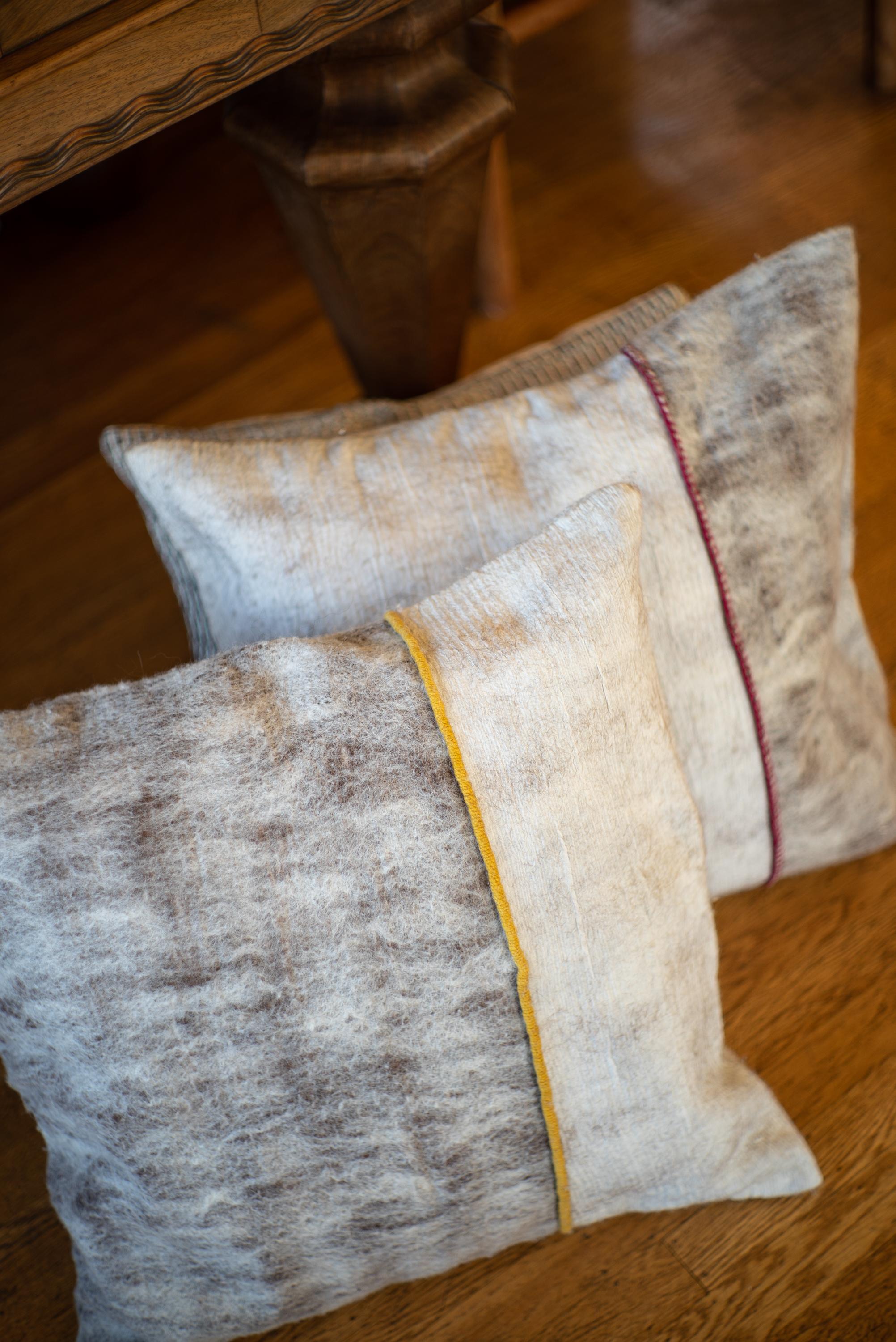 Hand-Woven Hand Felted Reversible Silk and Wool Pillow with Marigold Colored Trim, in Stock