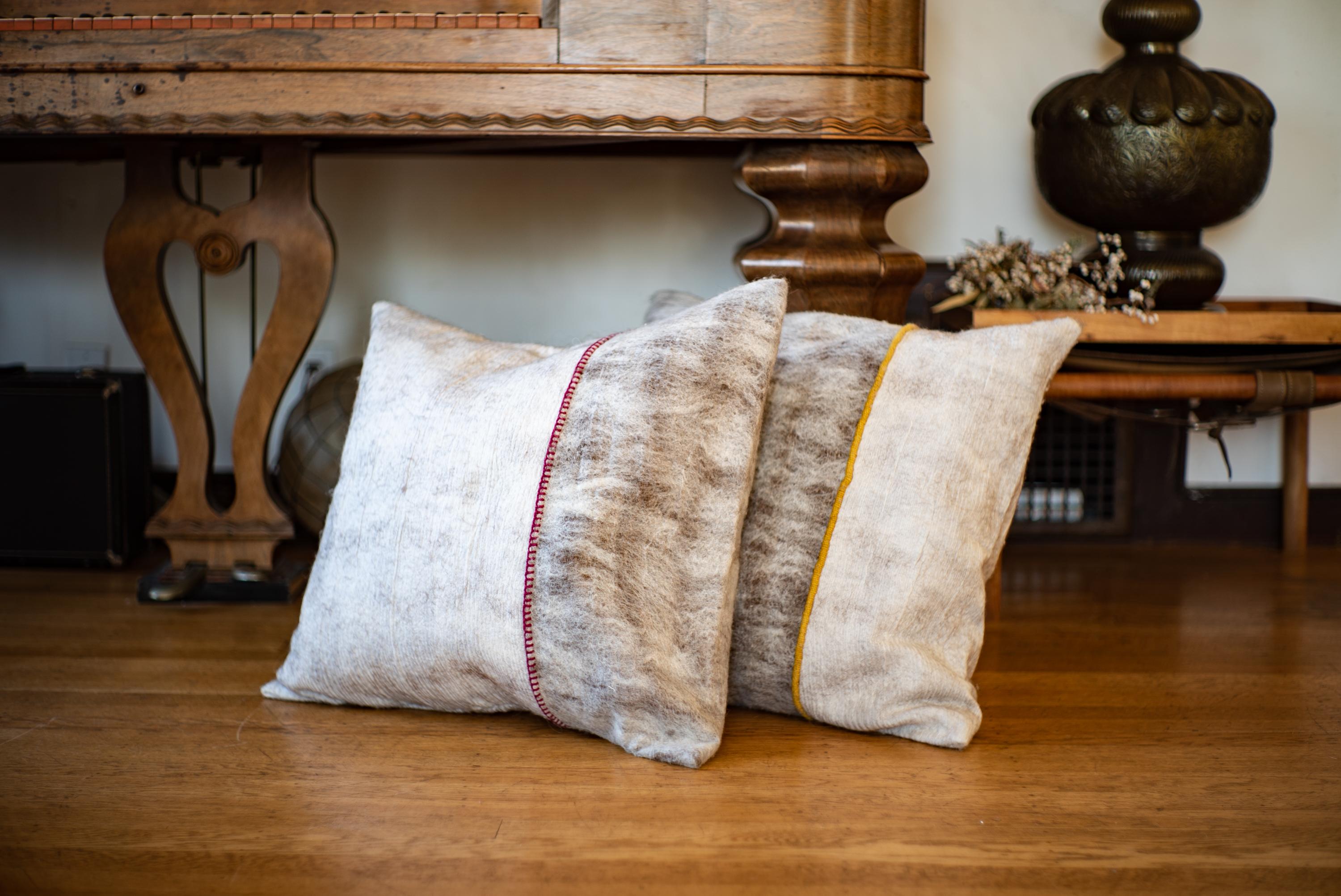 Contemporary Hand Felted Reversible Silk and Wool Pillow with Marigold Colored Trim, in Stock