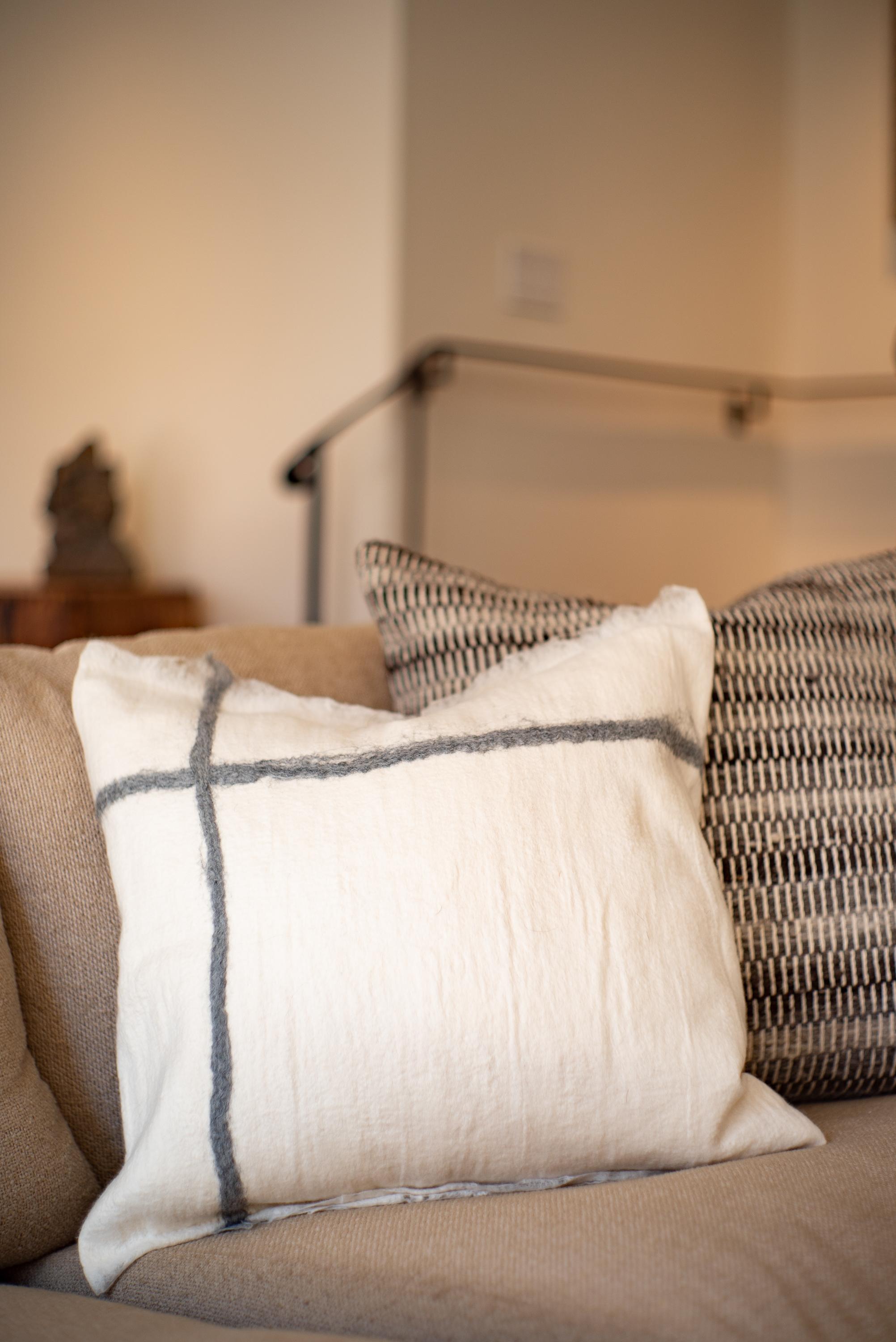 Hand-Woven Hand Felted Wool and Silk Pillow with Grey Cross, in Stock