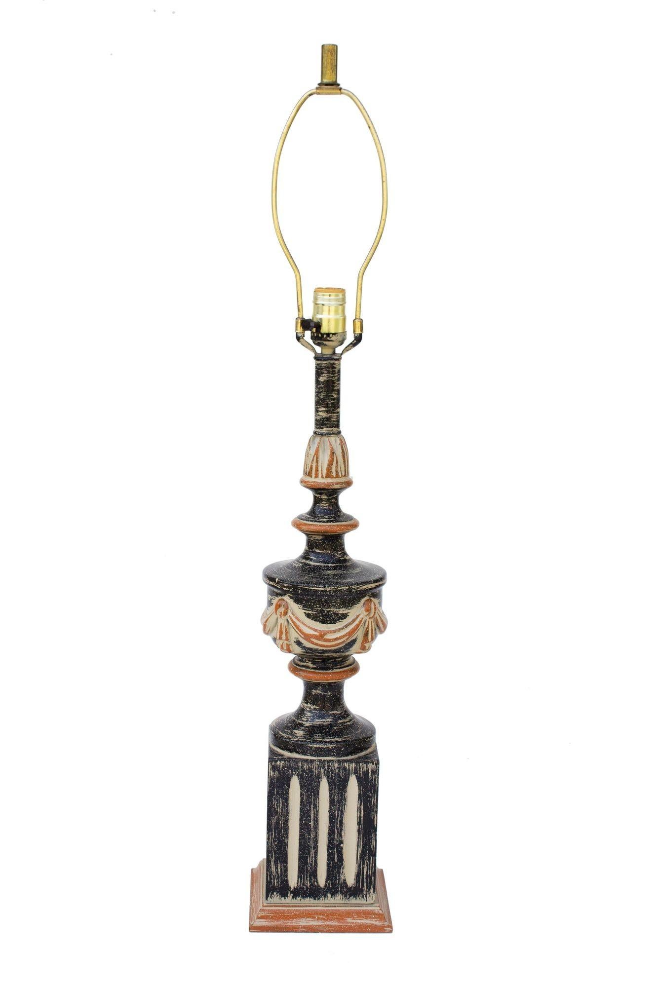 Hollywood Regency Hand Finished Neoclassical Table Lamp in Black, Taupe, and Burnt Orange For Sale