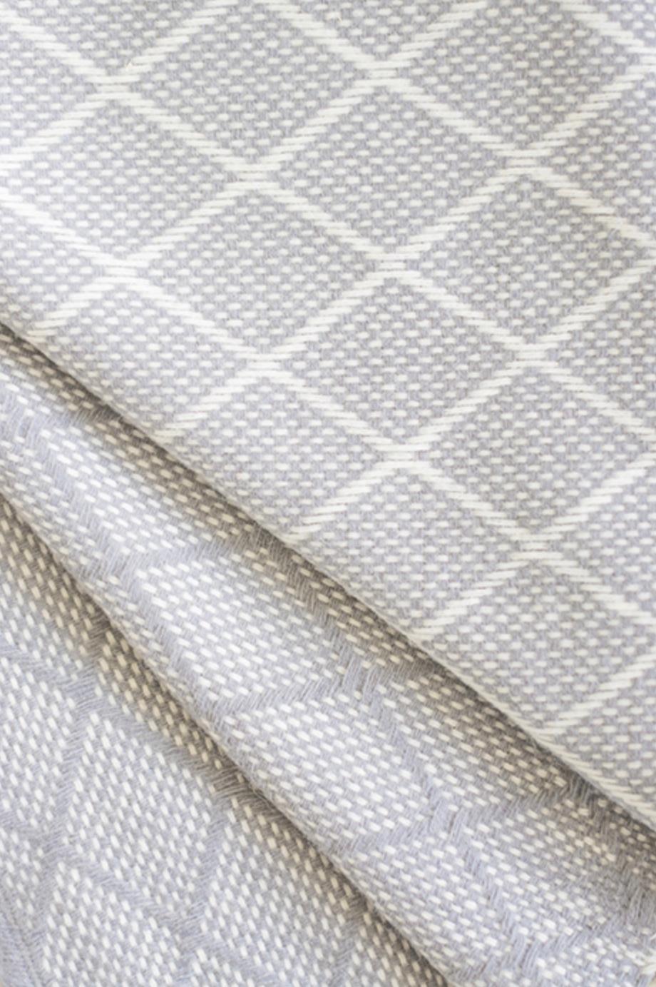 Organic Modern Hand Finished Organic Wool Blanket in Light Grey Diamond Pattern