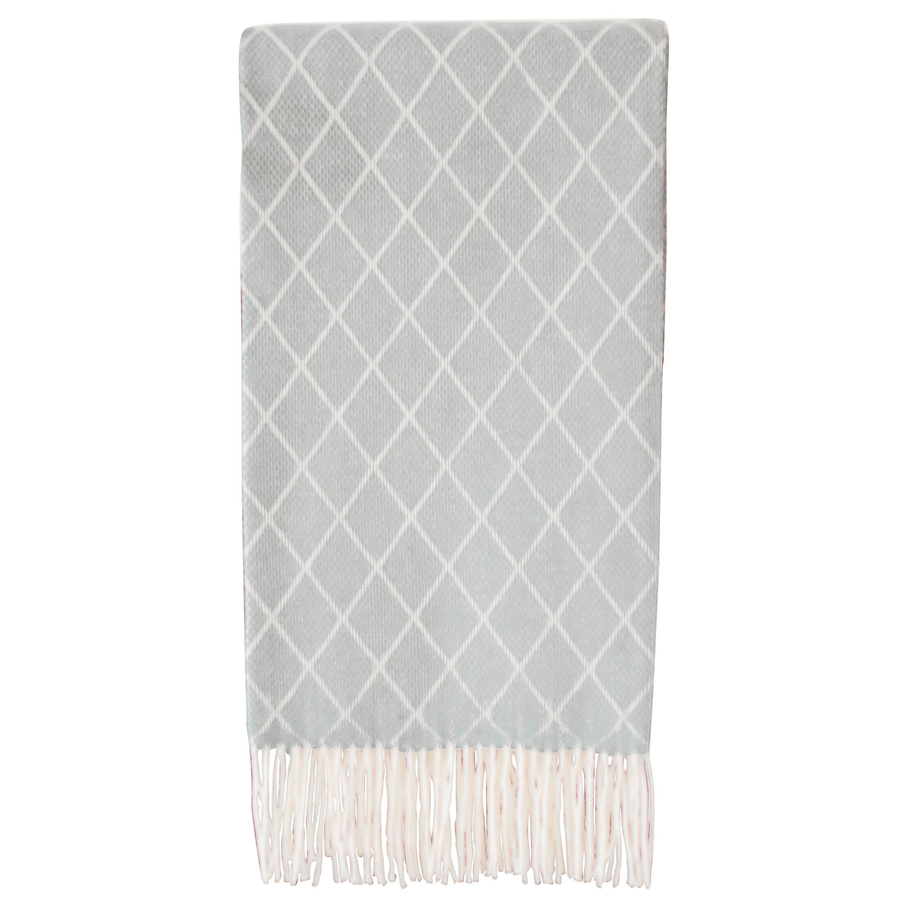 Hand Finished Organic Wool Blanket in Light Grey Diamond Pattern