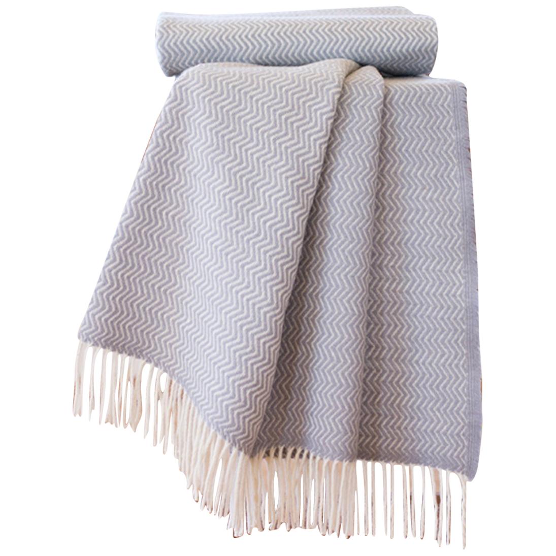 Hand Finished Organic Wool Blanket/Throw in Light Grey Wave Made Portugal For Sale