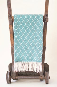 Hand Finished Organic Wool Blanket/Throw in Sea Green Diamond Pattern
