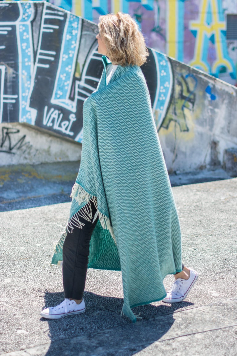 Hand Finished Organic Wool Blanket/Throw in Turquoise Wave Pattern Made